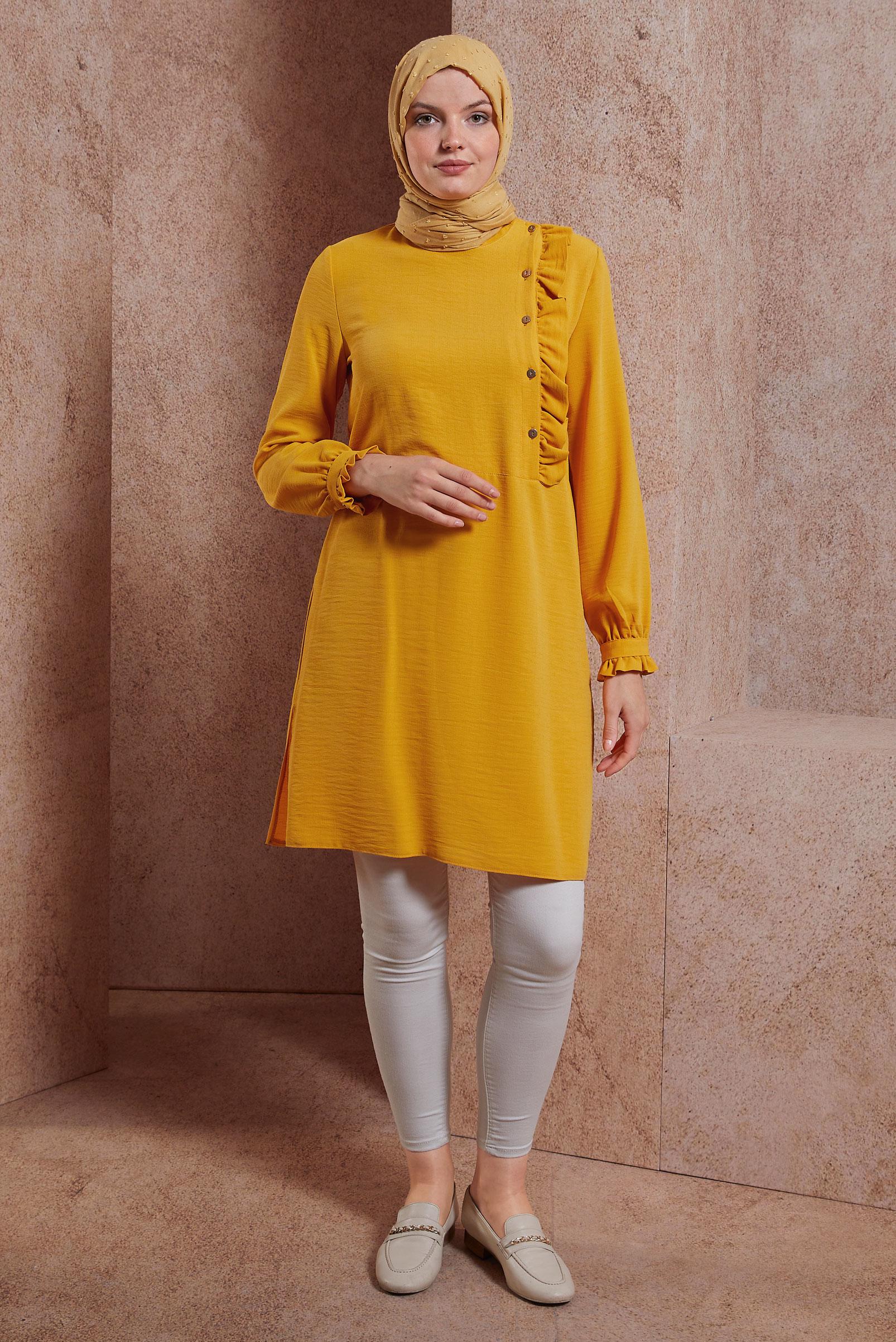 Tesettür giyim SARI FIRFIR DETAYLI DÜĞMELİ TUNİK 42825