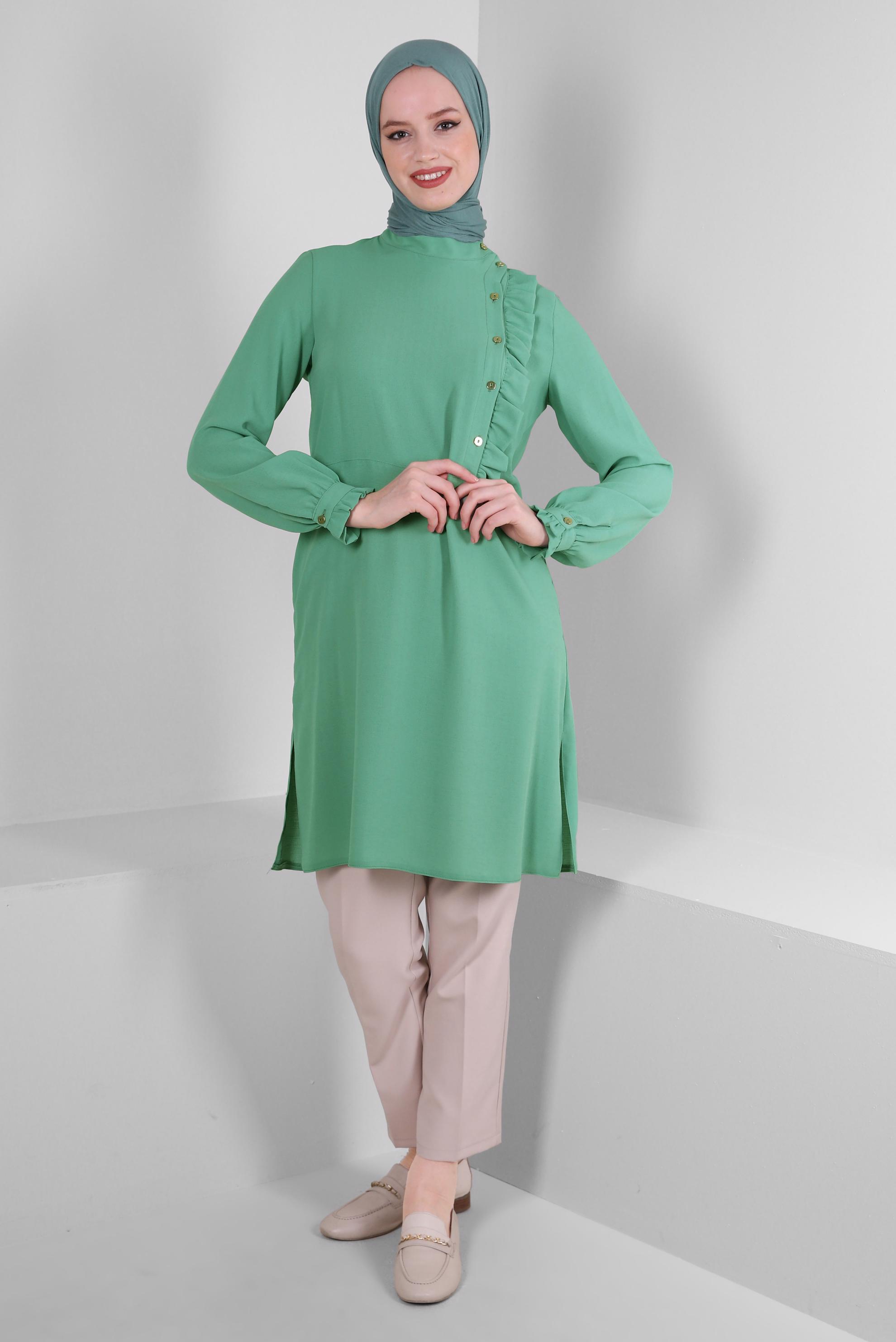 Tesettür giyim YEŞİL FIRFIR DETAYLI DÜĞMELİ TUNİK 42825