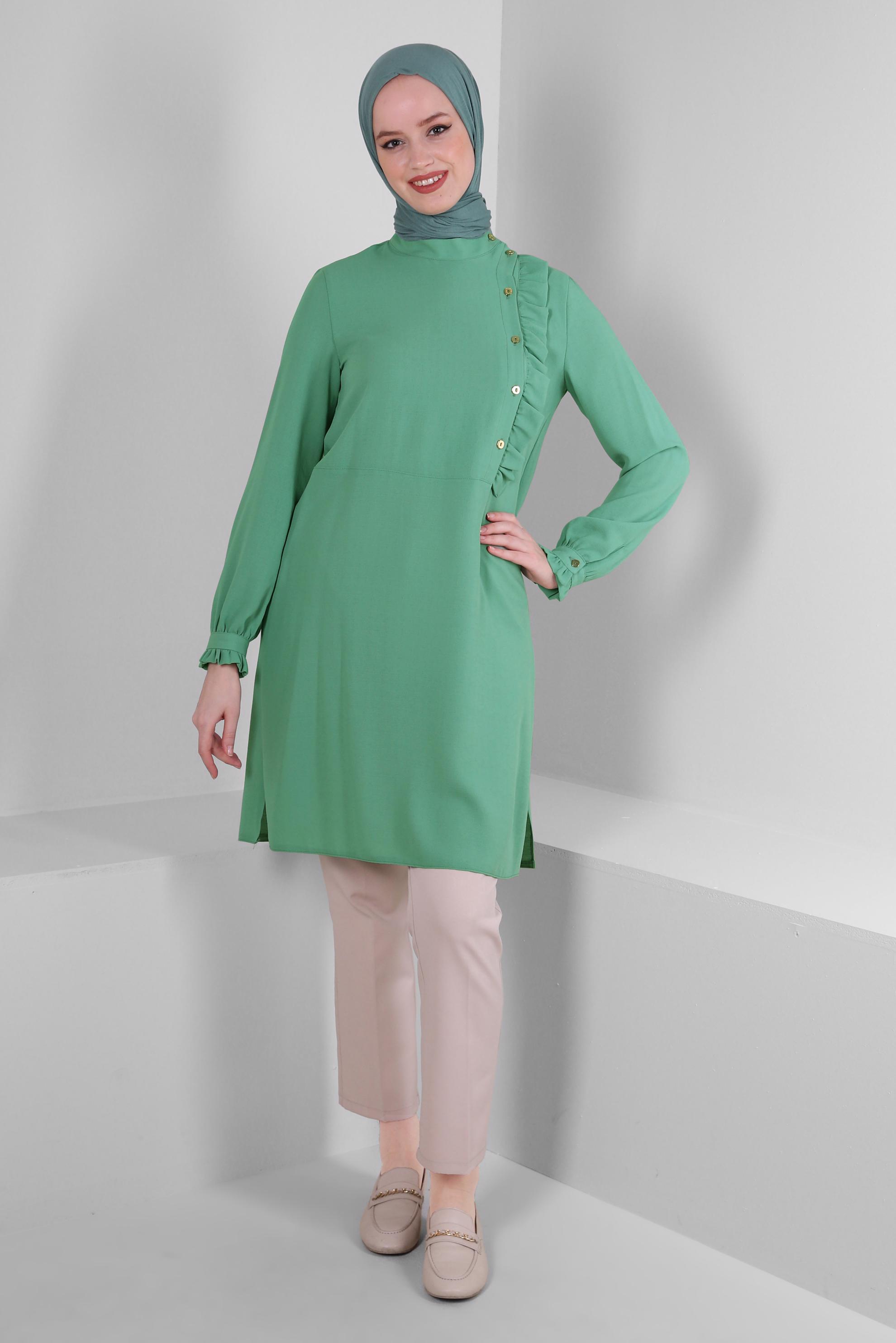 Tesettür giyim YEŞİL FIRFIR DETAYLI DÜĞMELİ TUNİK 42825