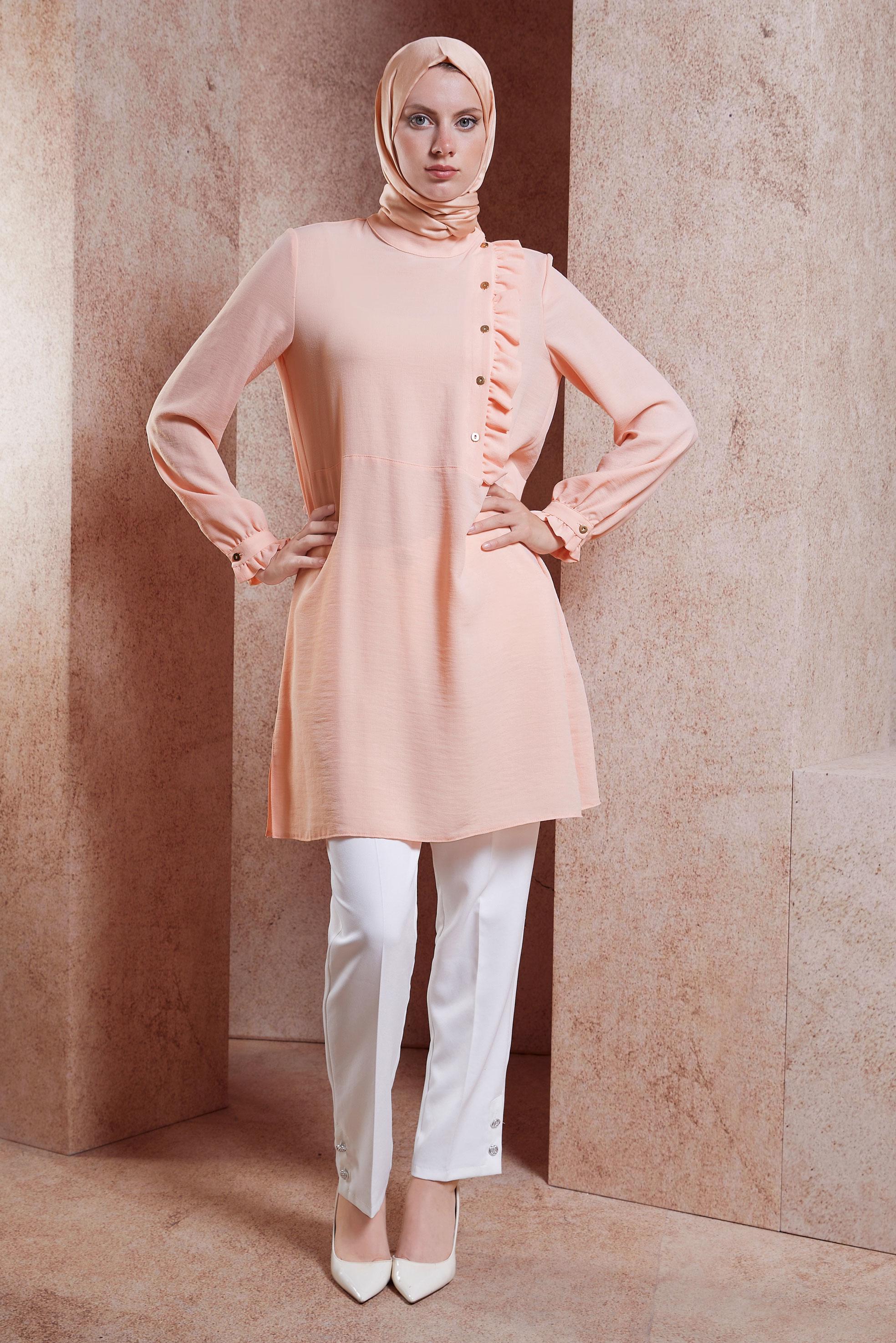 Tesettür giyim PUDRA FIRFIR DETAYLI DÜĞMELİ TUNİK 42825