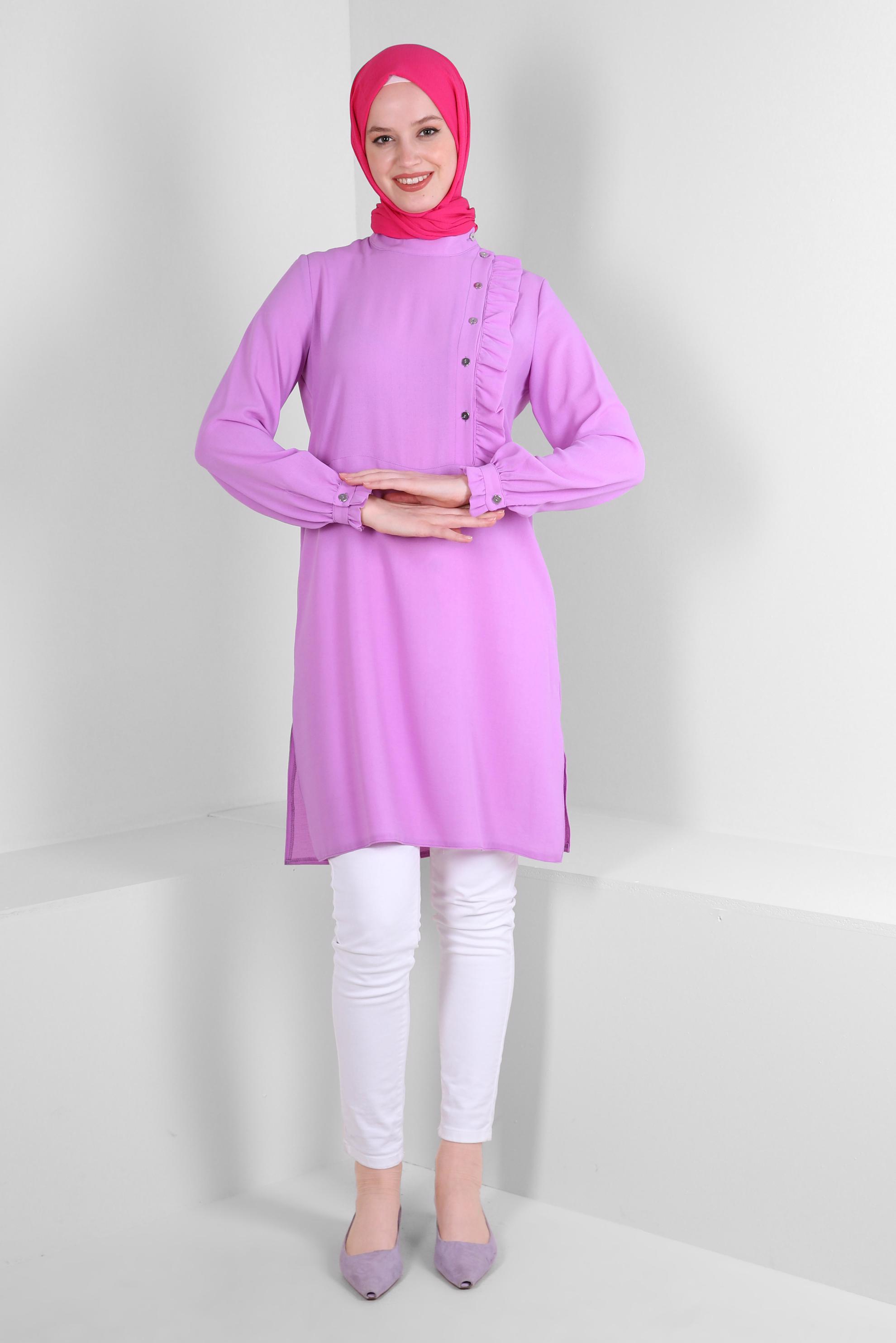 Tesettür giyim MOR FIRFIR DETAYLI DÜĞMELİ TUNİK 42825