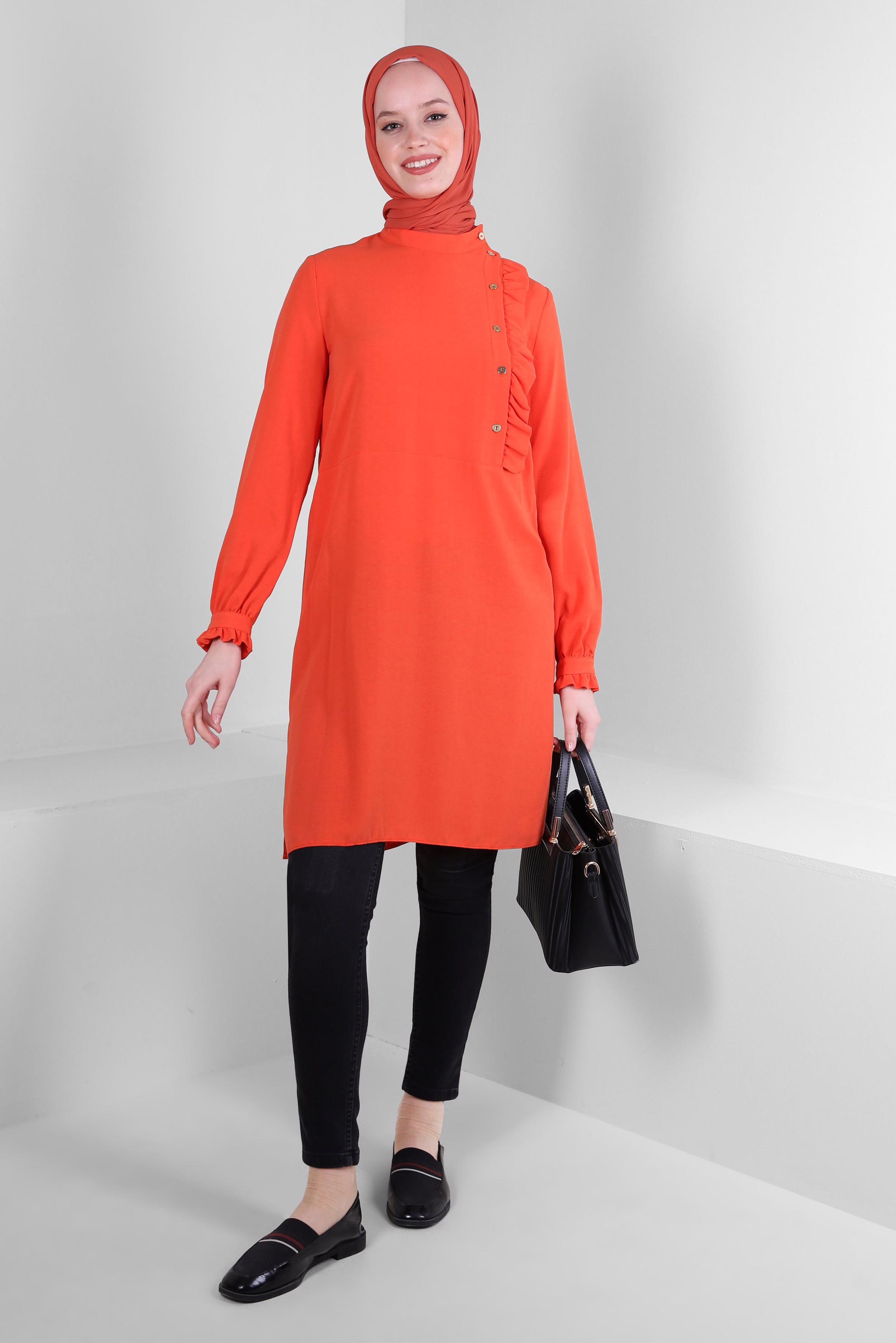 Tesettür giyim KIRMIZI FIRFIR DETAYLI DÜĞMELİ TUNİK 42825