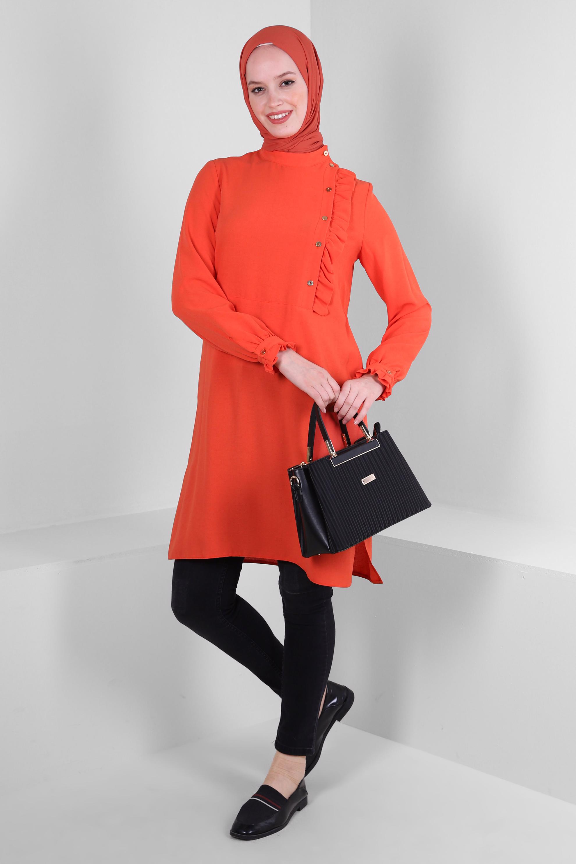 Tesettür giyim KIRMIZI FIRFIR DETAYLI DÜĞMELİ TUNİK 42825