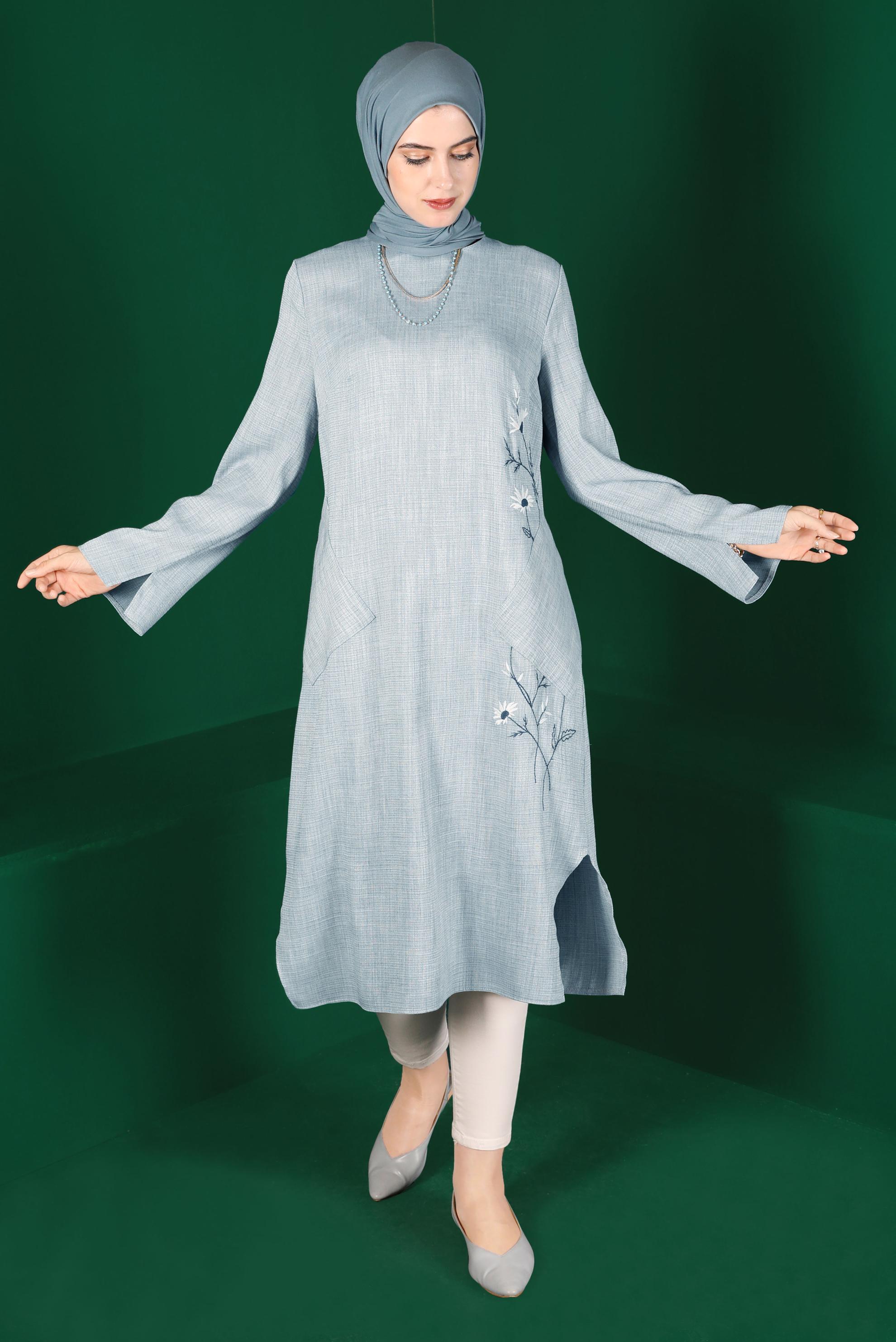 Hijab clothing BLUE FLORAL EMBROIDERED TUNIC WITH POCKET 42834 