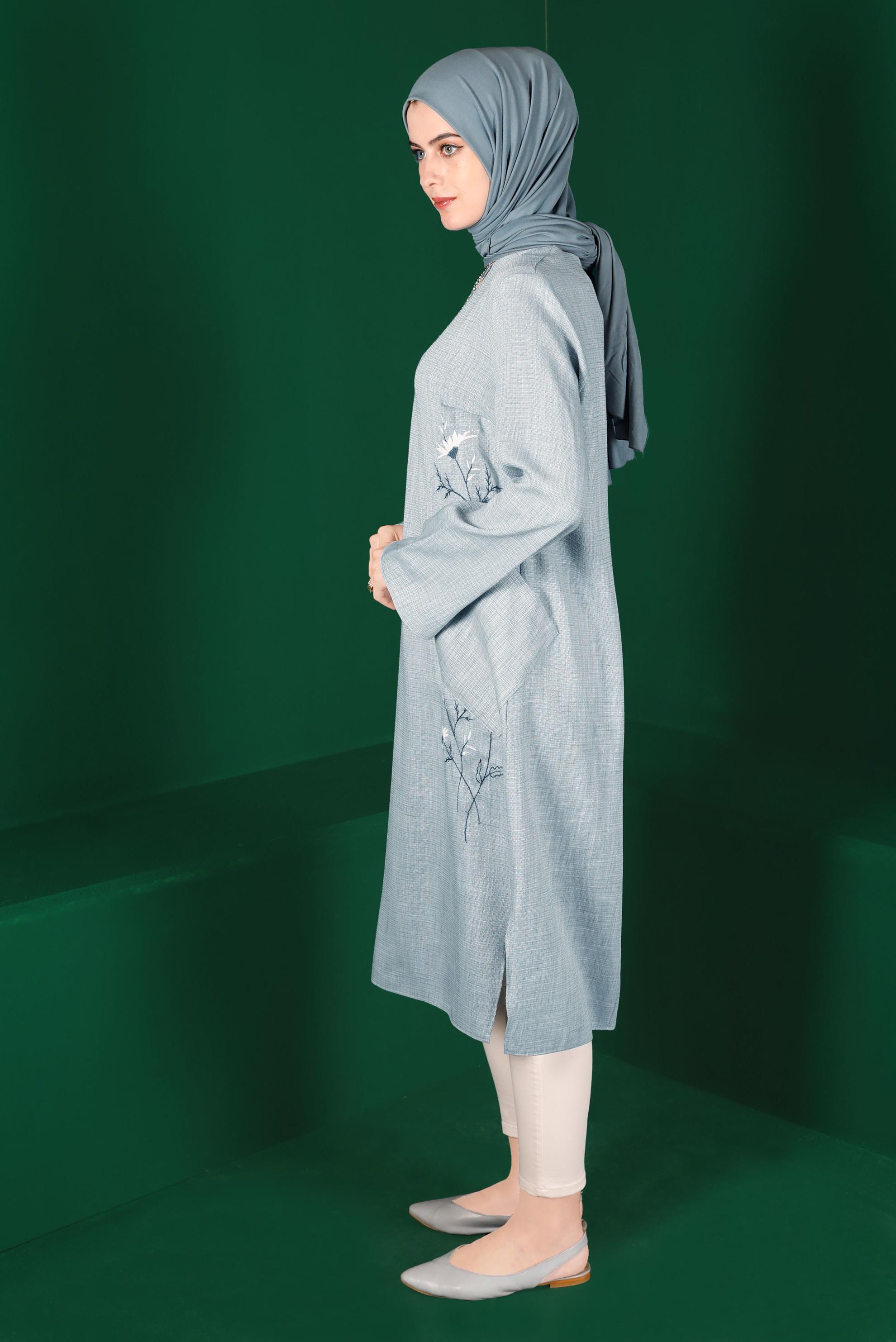 Hijab clothing BLUE FLORAL EMBROIDERED TUNIC WITH POCKET 42834 