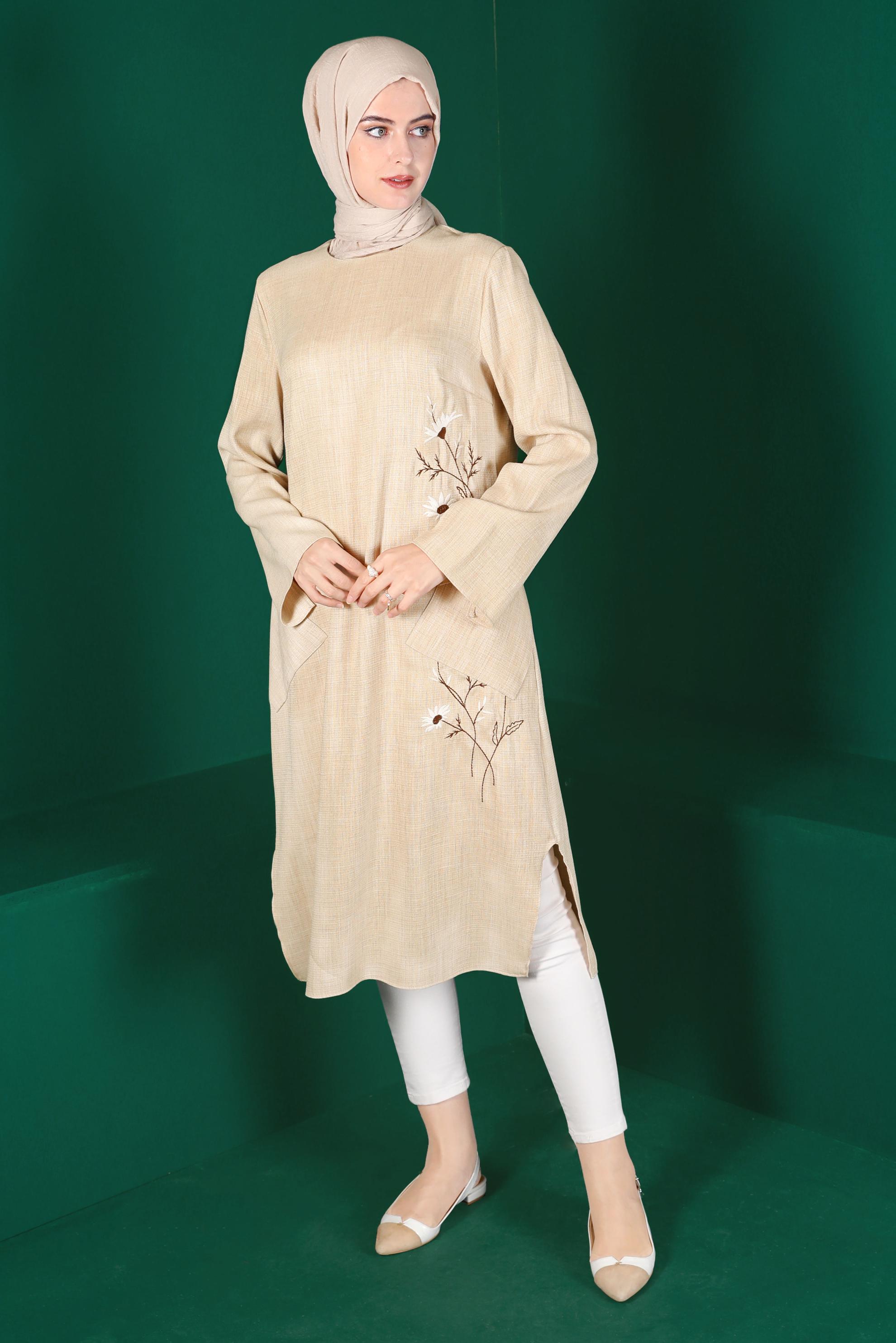 Hijab clothing BEIGE FLORAL EMBROIDERED TUNIC WITH POCKET 42834 