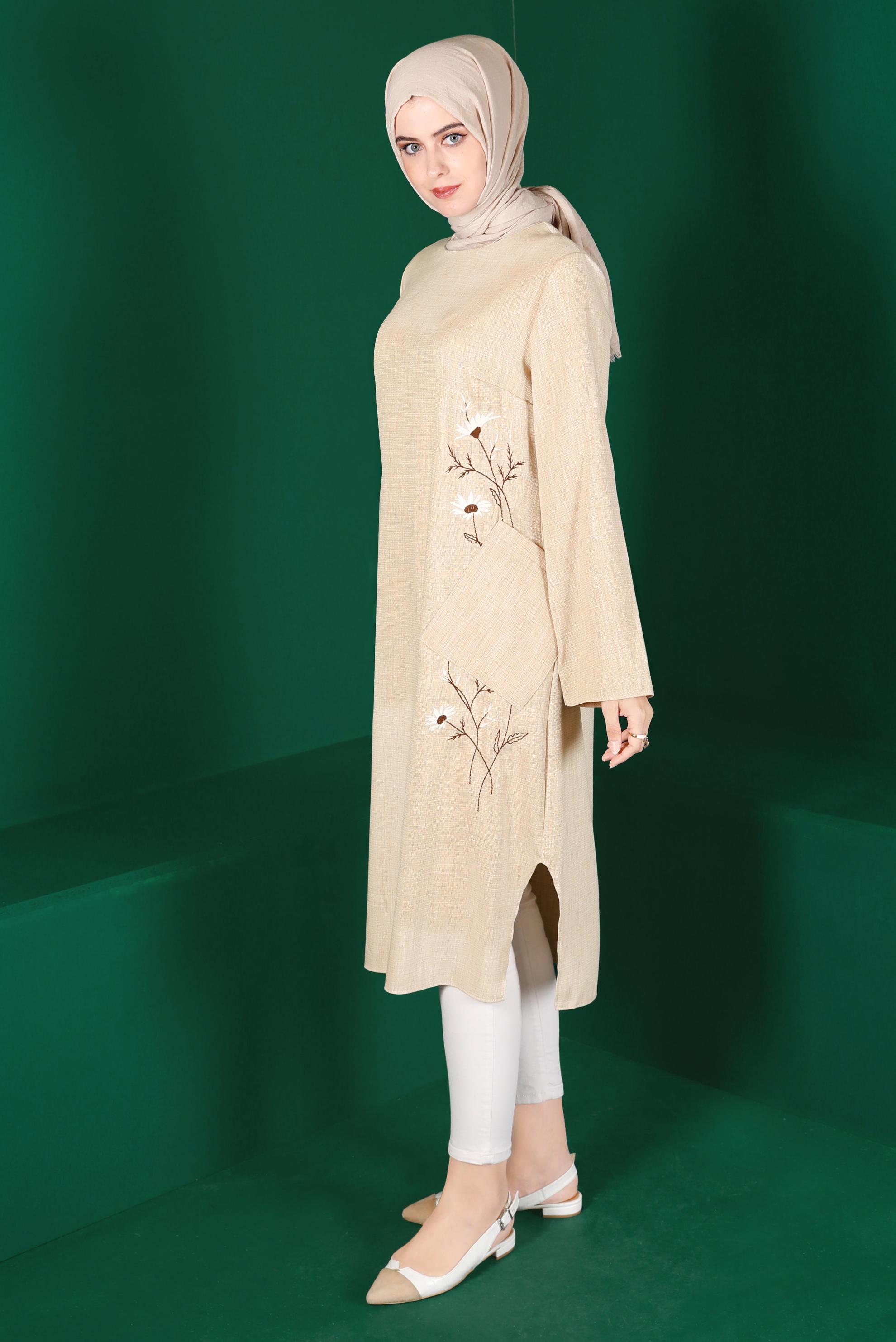 Hijab clothing BEIGE FLORAL EMBROIDERED TUNIC WITH POCKET 42834 