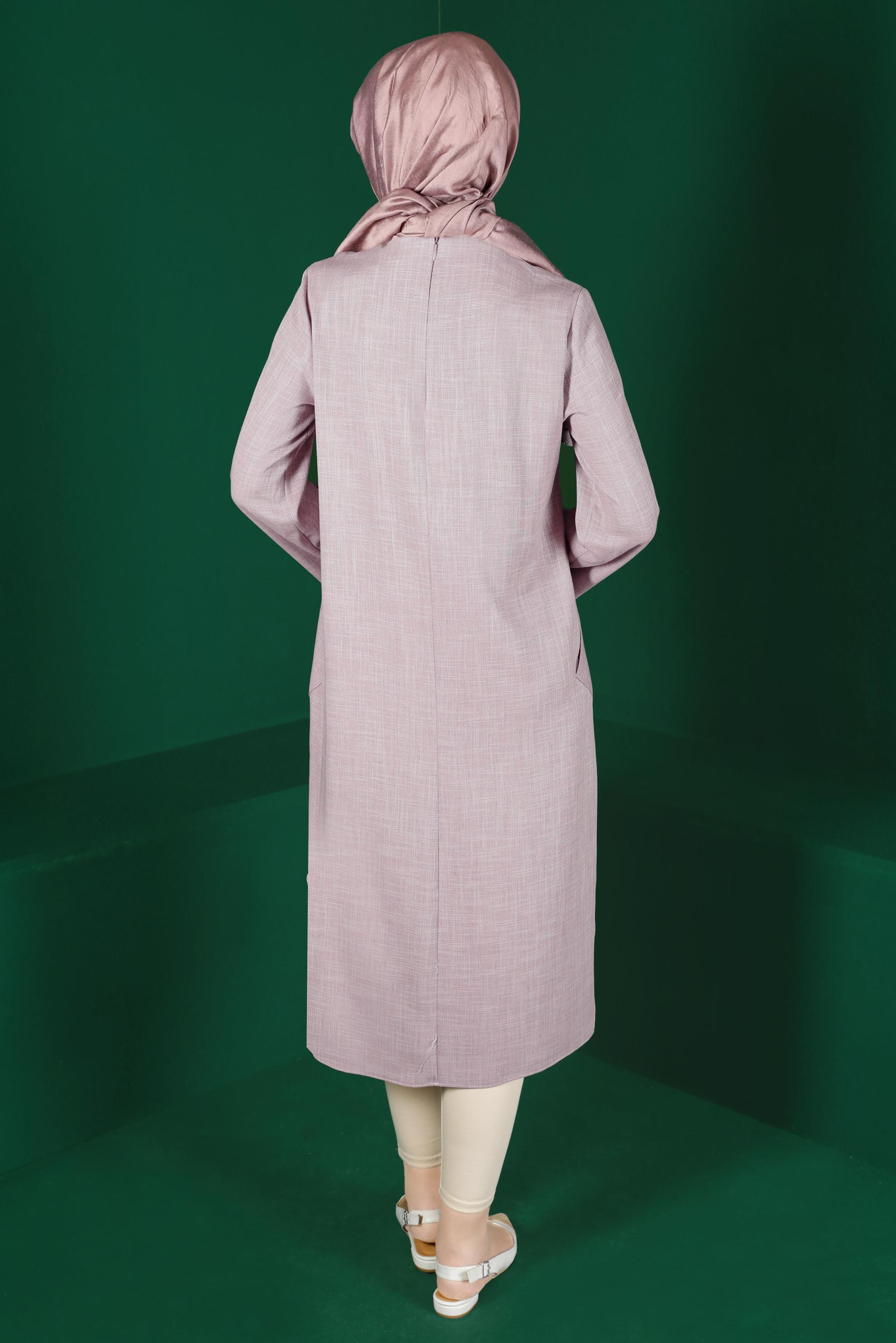 Tesettür giyim PUDRA ÇİÇEK NAKIŞLI CEPLİ TUNİK 42834 