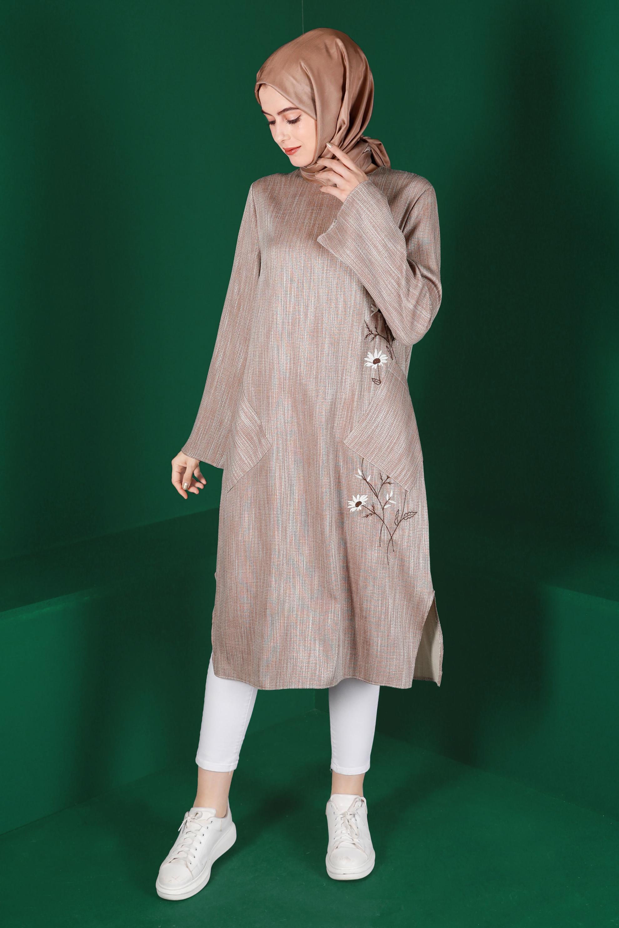 Hijab clothing BROWN FLORAL EMBROIDERED TUNIC WITH POCKET 42834 