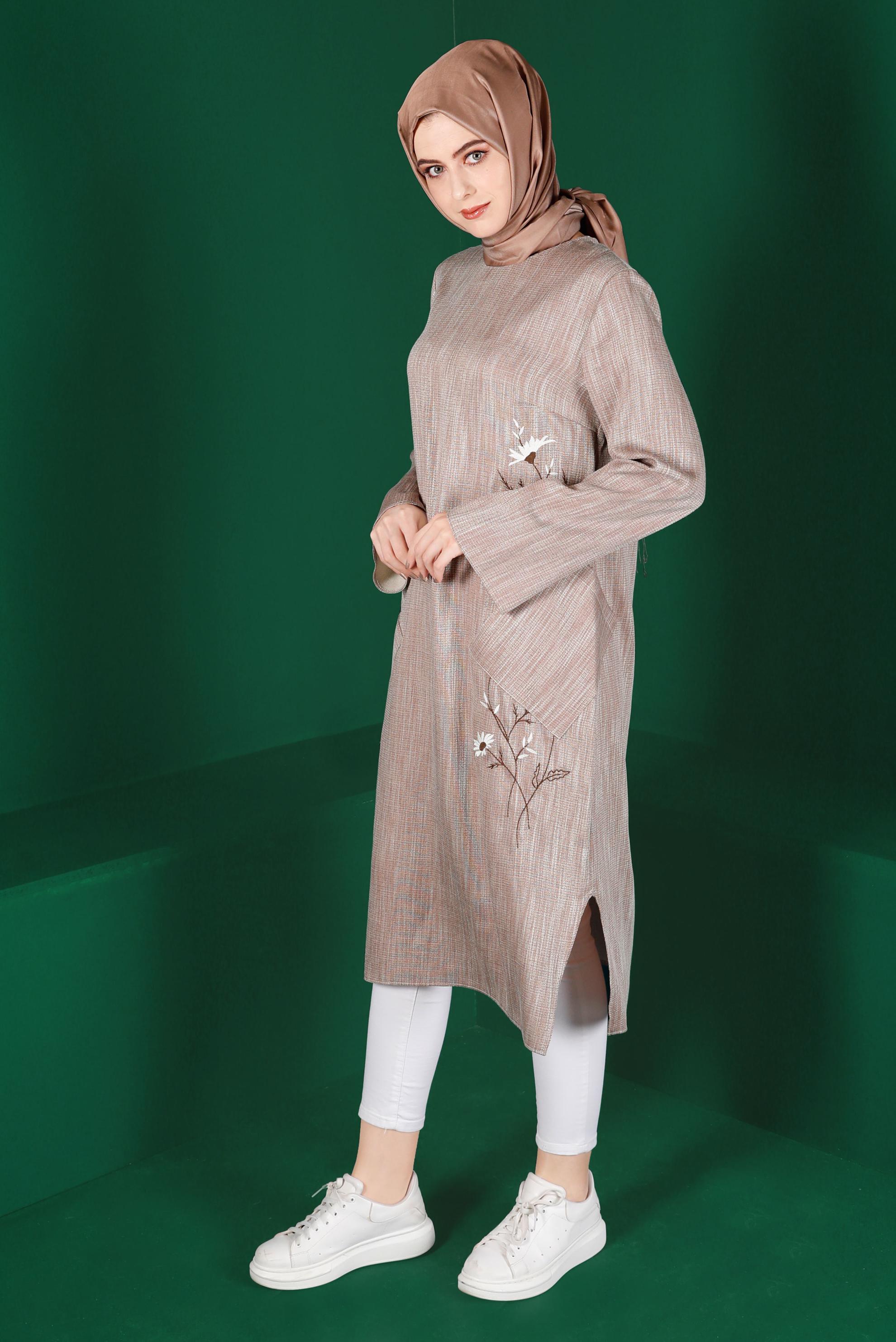 Hijab clothing BROWN FLORAL EMBROIDERED TUNIC WITH POCKET 42834 