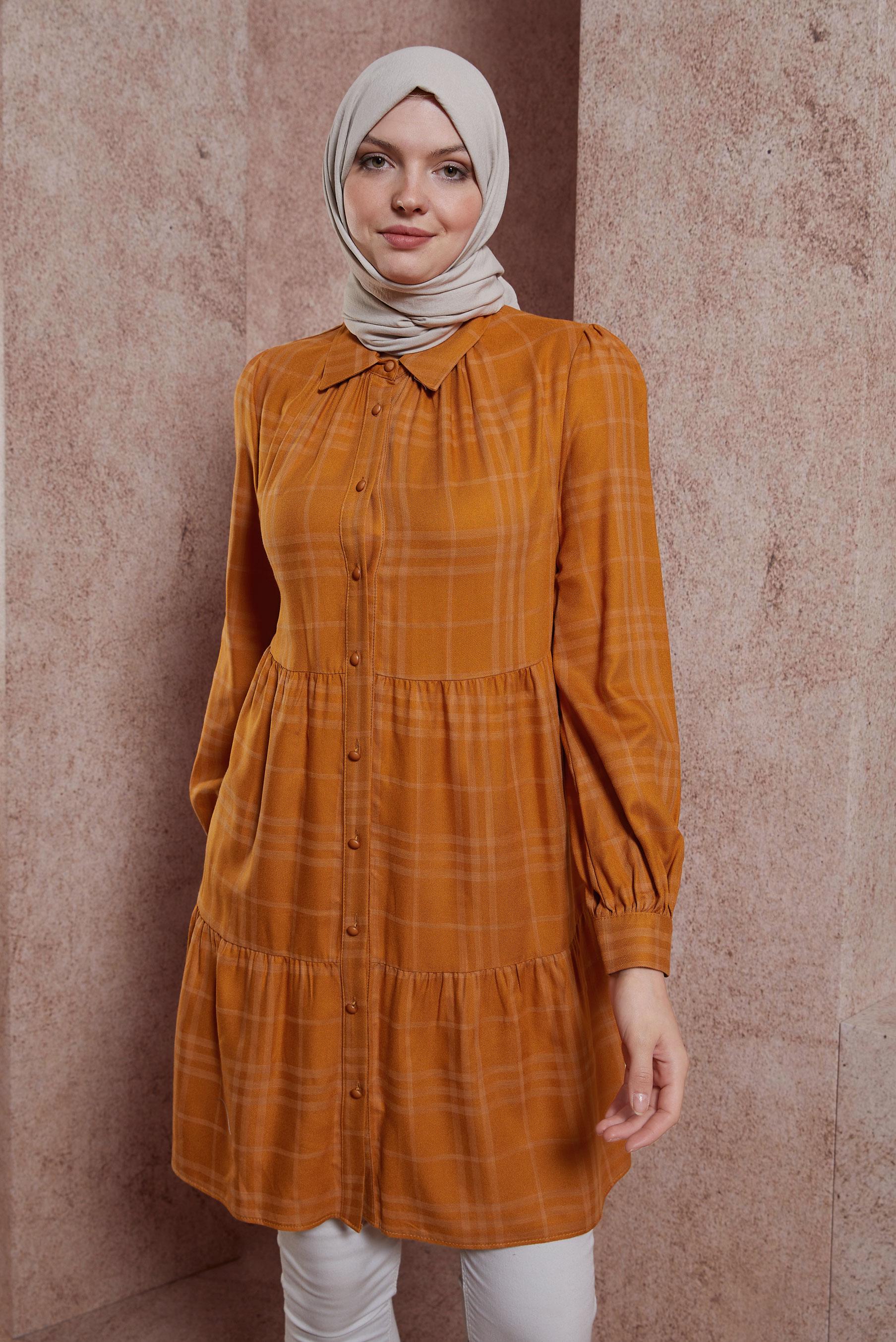 Tesettür giyim TURUNCU EKOSE DESENLİ TUNİK 42836