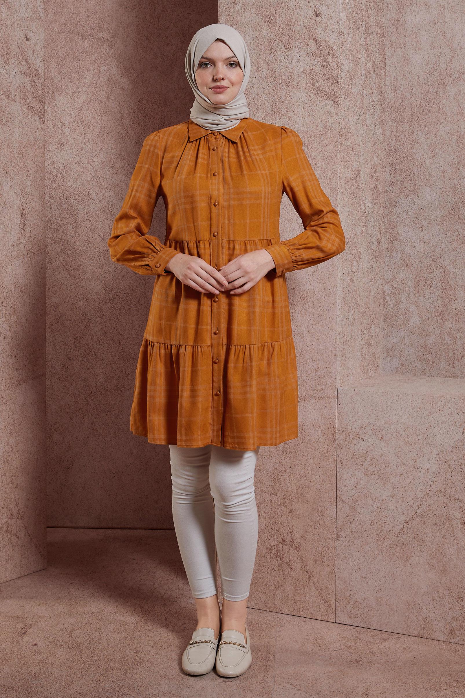 Tesettür giyim TURUNCU EKOSE DESENLİ TUNİK 42836