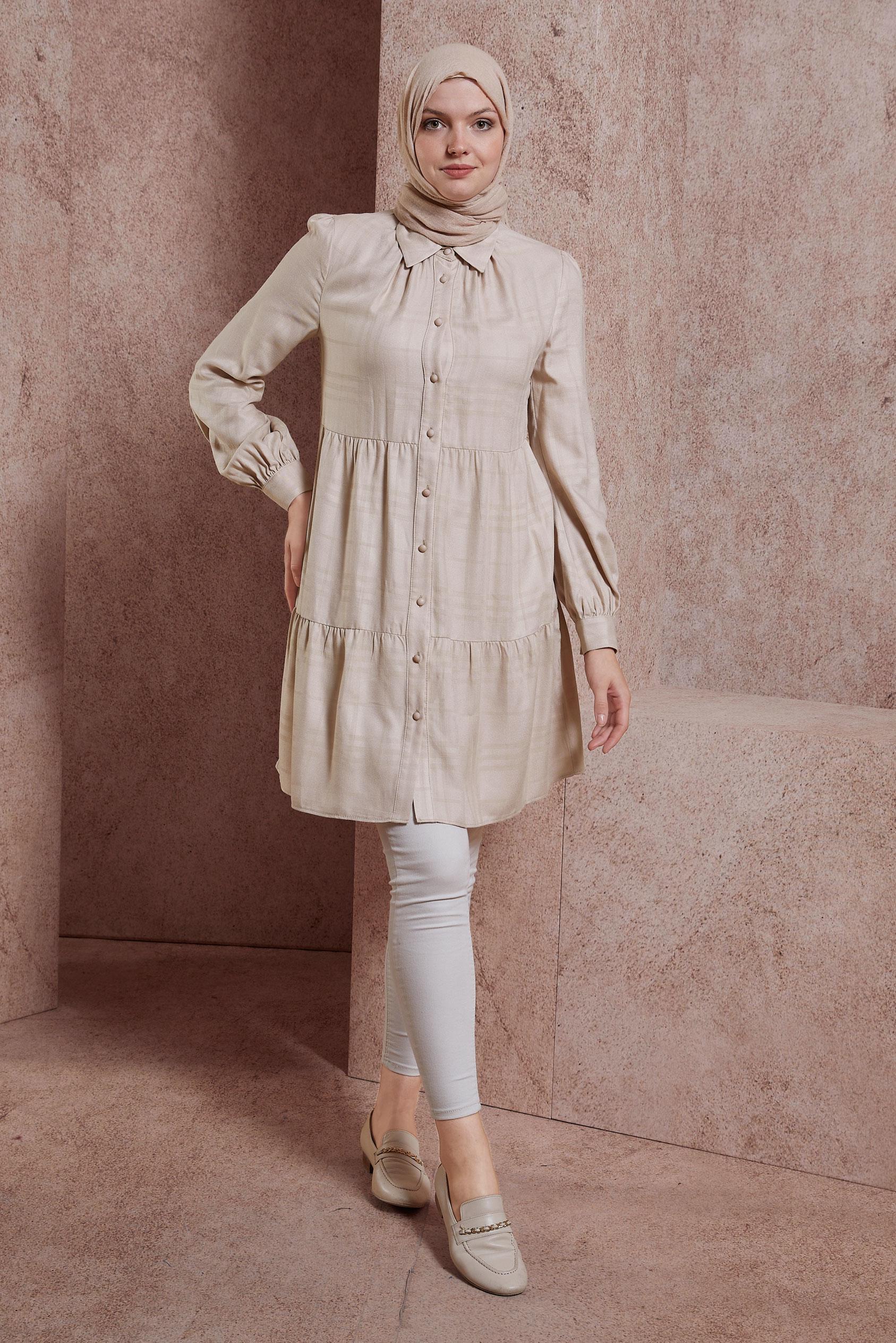 Tesettür giyim BEJ EKOSE DESENLİ TUNİK 42836