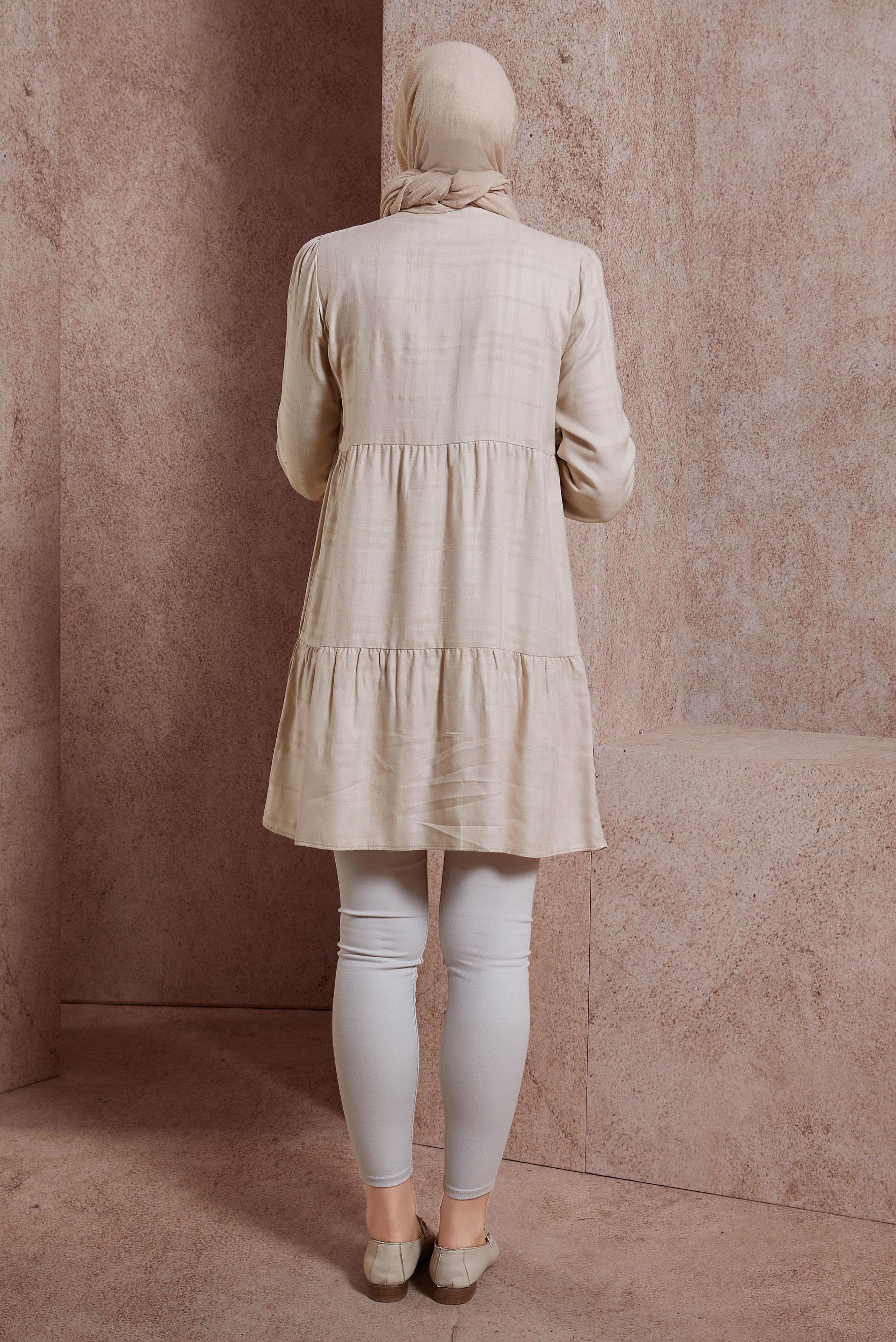 Tesettür giyim BEJ EKOSE DESENLİ TUNİK 42836