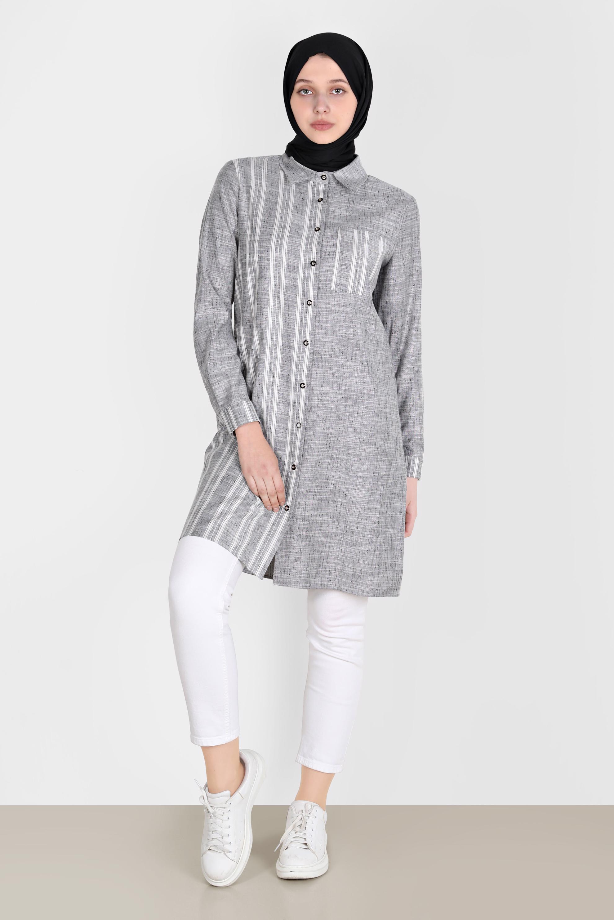 Tesettür giyim SİYAH ÇİZGİLİ DÜĞMELİ TUNİK 42838