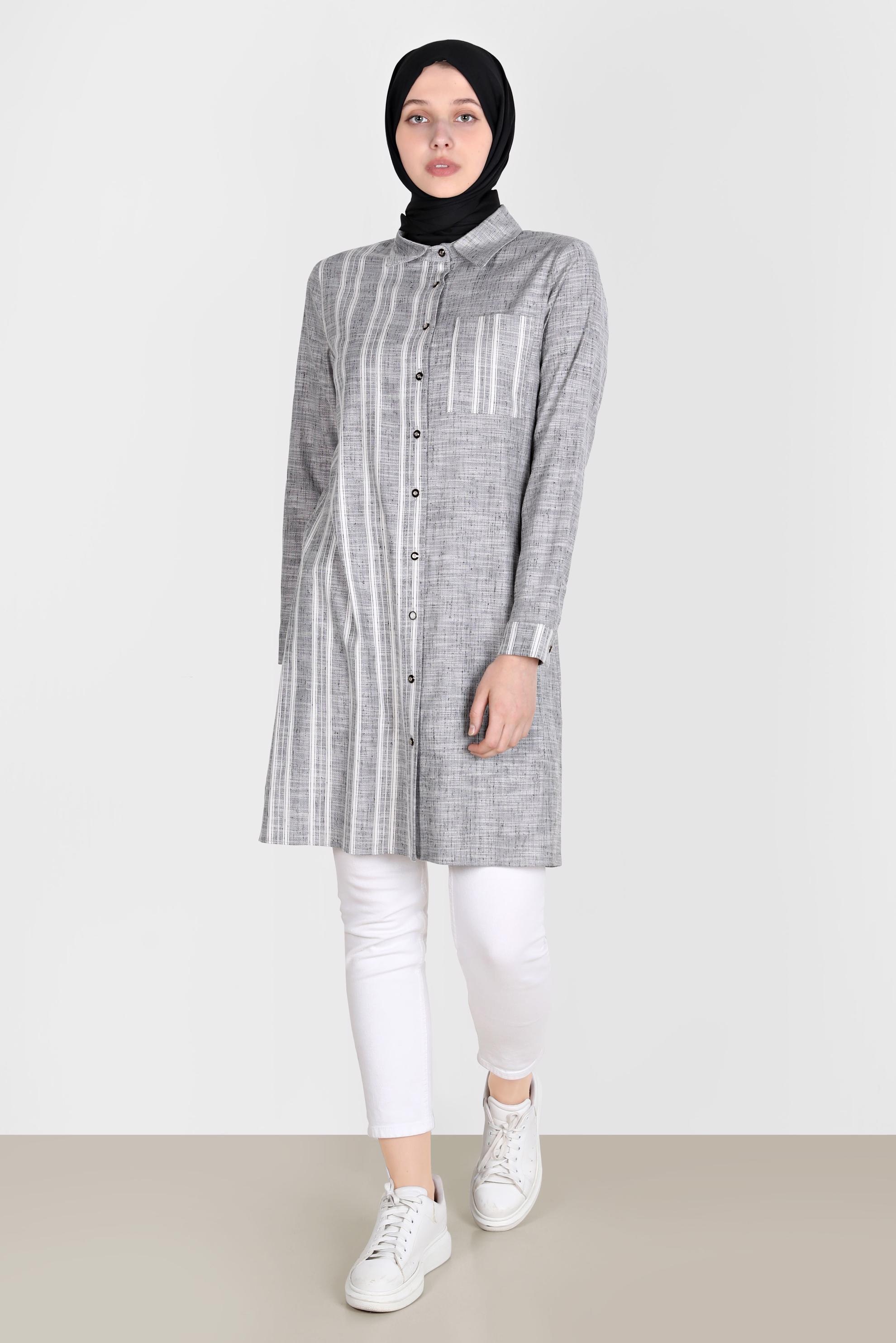 Tesettür giyim SİYAH ÇİZGİLİ DÜĞMELİ TUNİK 42838