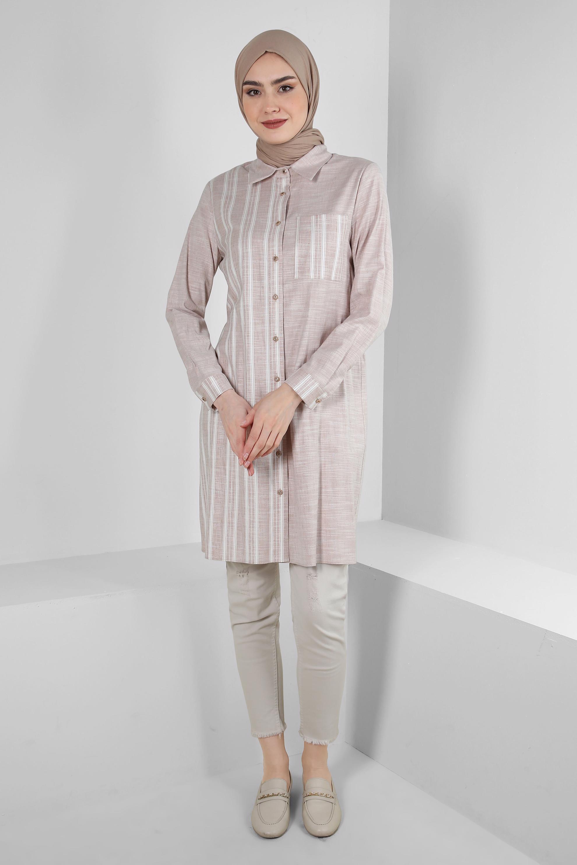 Tesettür giyim KAHVE ÇİZGİLİ DÜĞMELİ TUNİK 42838
