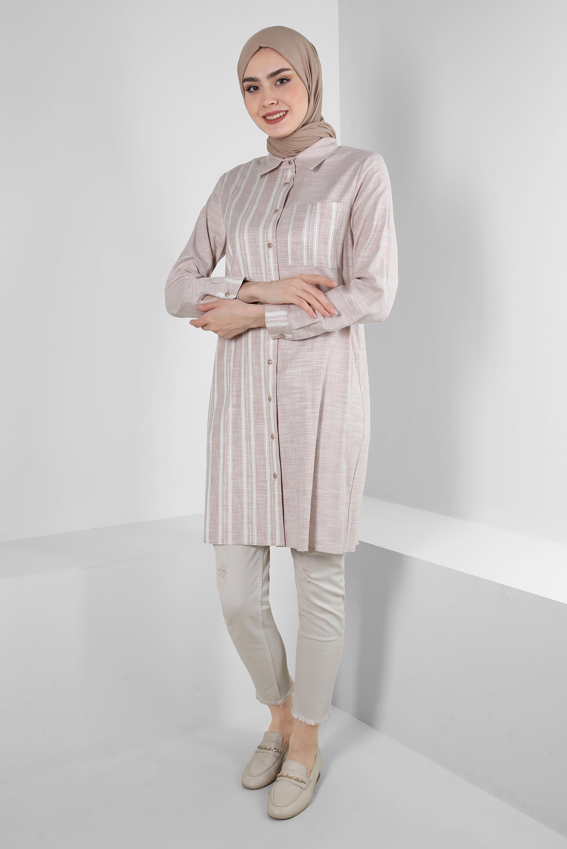 Tesettür giyim KAHVE ÇİZGİLİ DÜĞMELİ TUNİK 42838