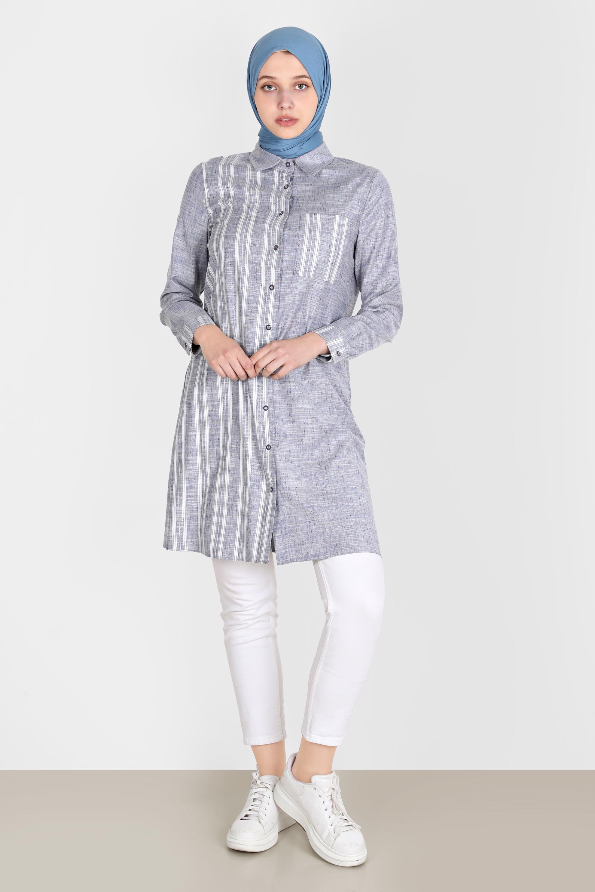 Tesettür giyim LACİVERT ÇİZGİLİ DÜĞMELİ TUNİK 42838