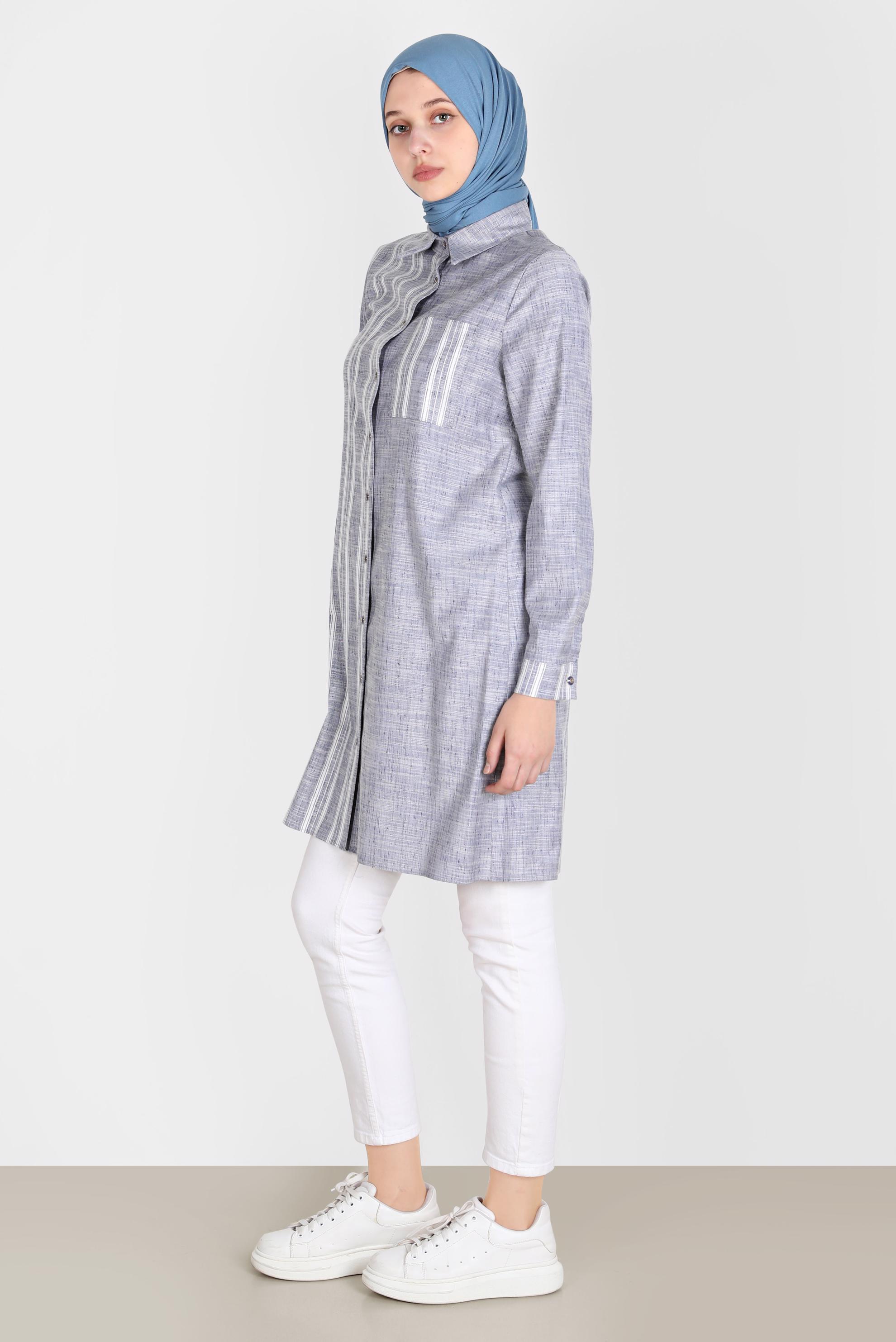 Tesettür giyim LACİVERT ÇİZGİLİ DÜĞMELİ TUNİK 42838