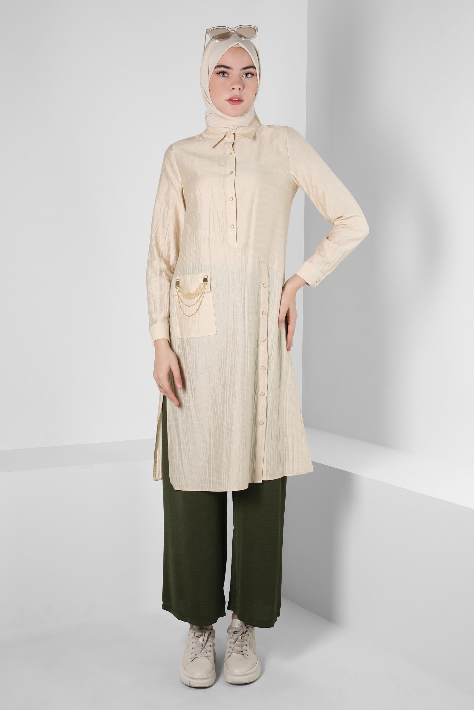 Tesettür giyim BEJ ZİNCİR DETAYLI TUNİK 42841