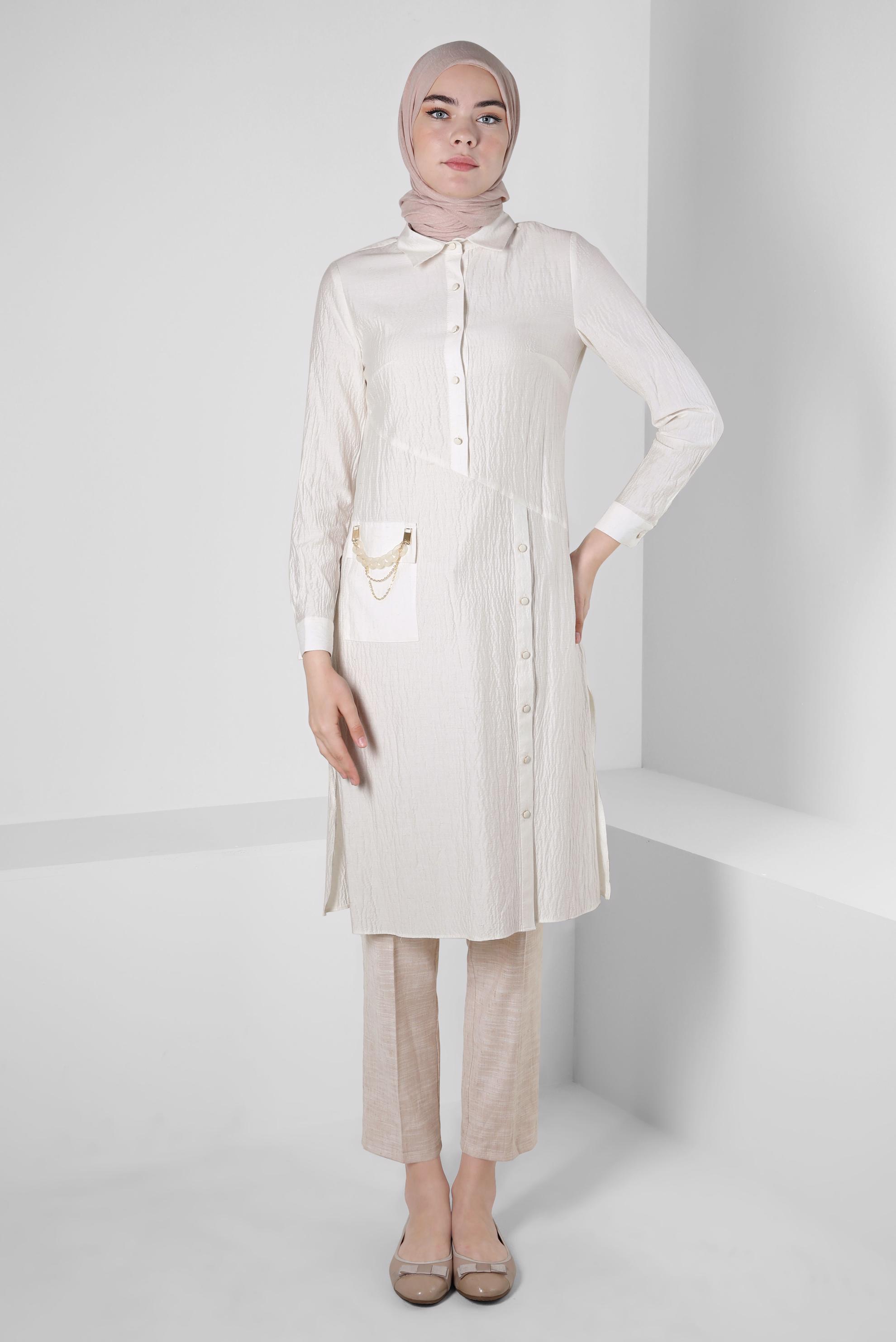 Tesettür giyim EKRU ZİNCİR DETAYLI TUNİK 42841