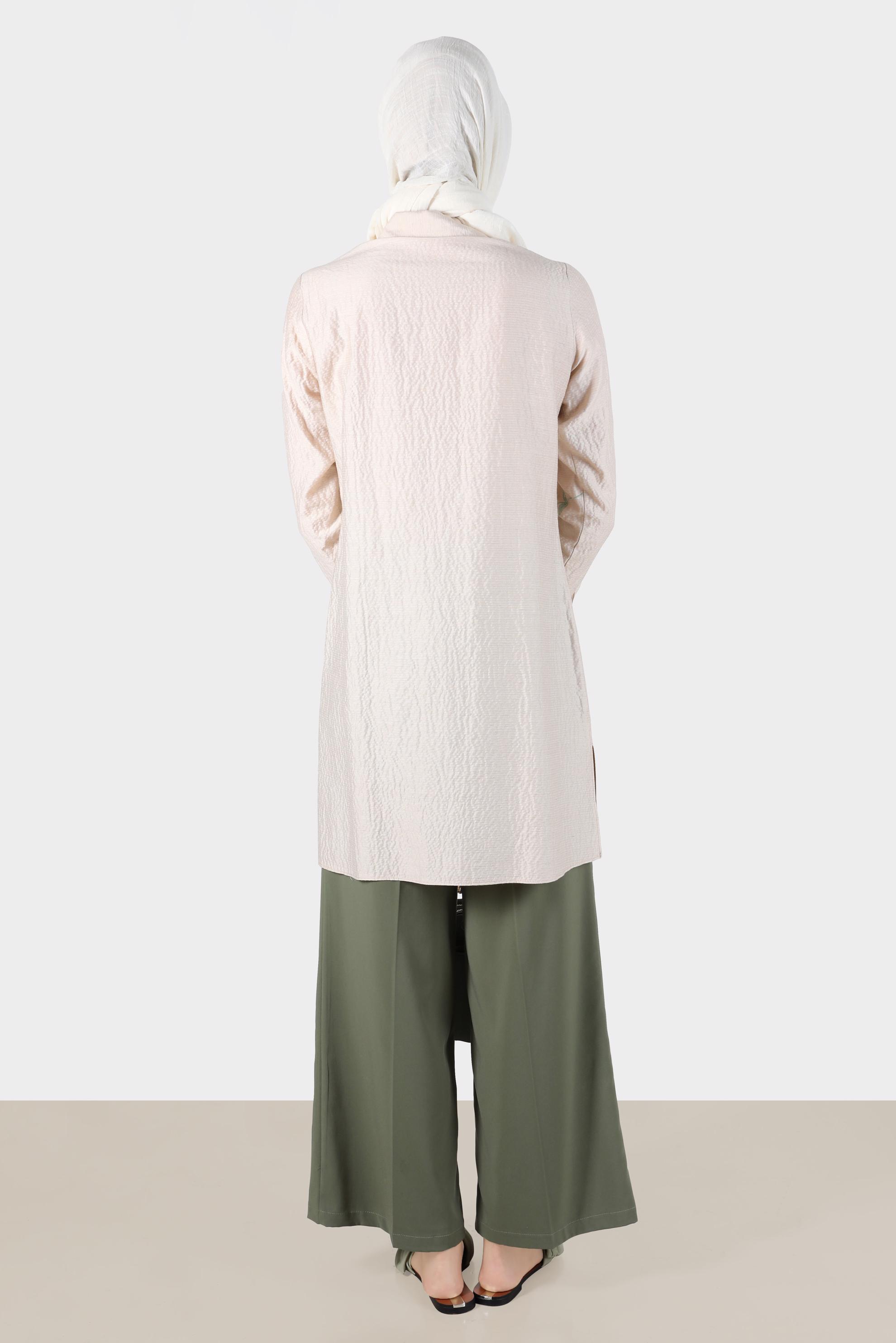 Tesettür giyim BEJ ÇİÇEK NAKIŞLI KETEN DÜZ TUNİK 42860 