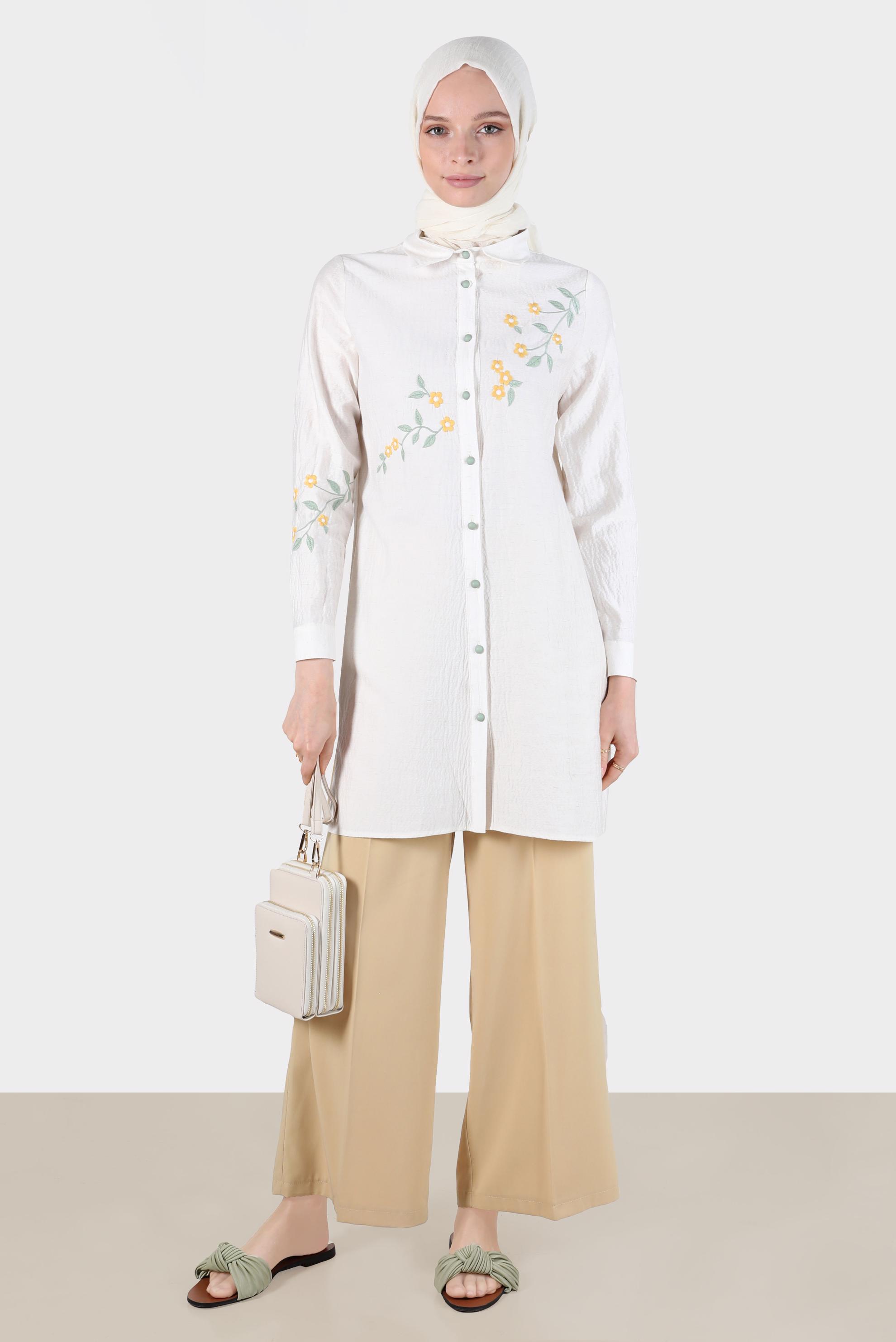 Tesettür giyim EKRU ÇİÇEK NAKIŞLI KETEN DÜZ TUNİK 42860 