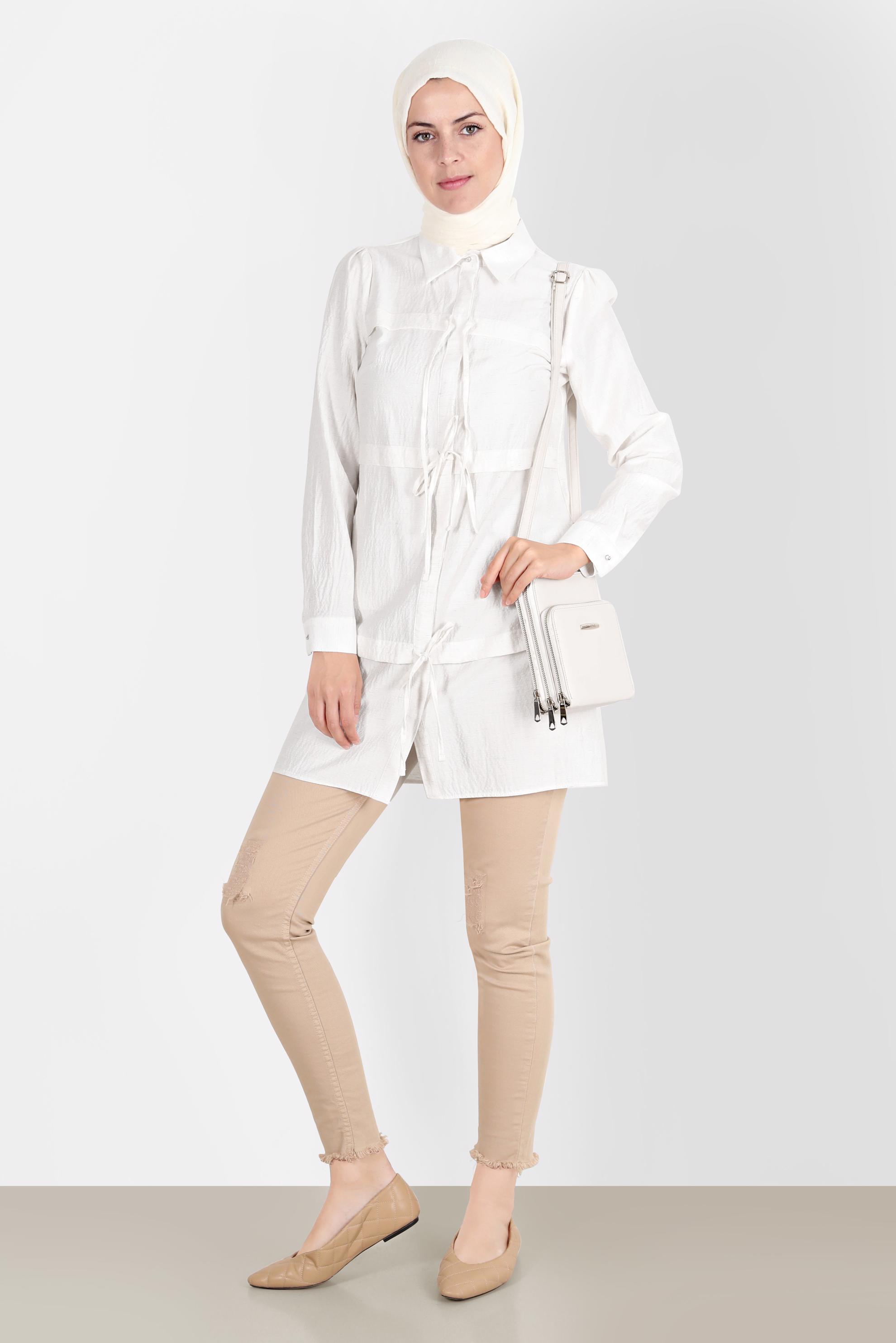 Tesettür giyim EKRU BAĞCIK DETAYLI TUNİK 42861