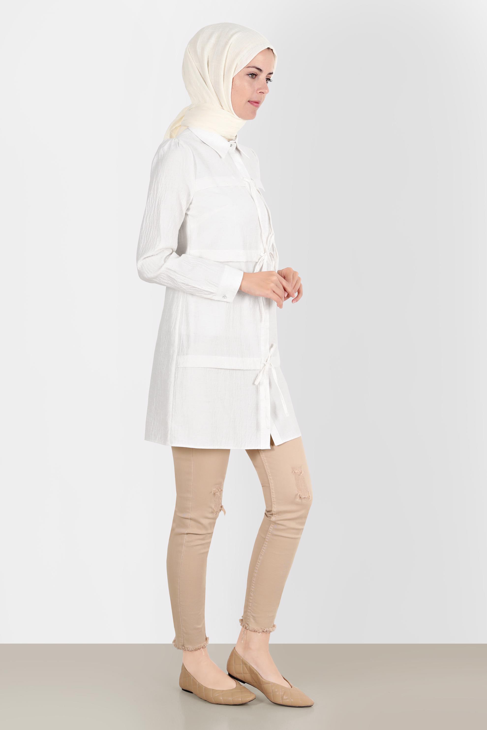 Tesettür giyim EKRU BAĞCIK DETAYLI TUNİK 42861