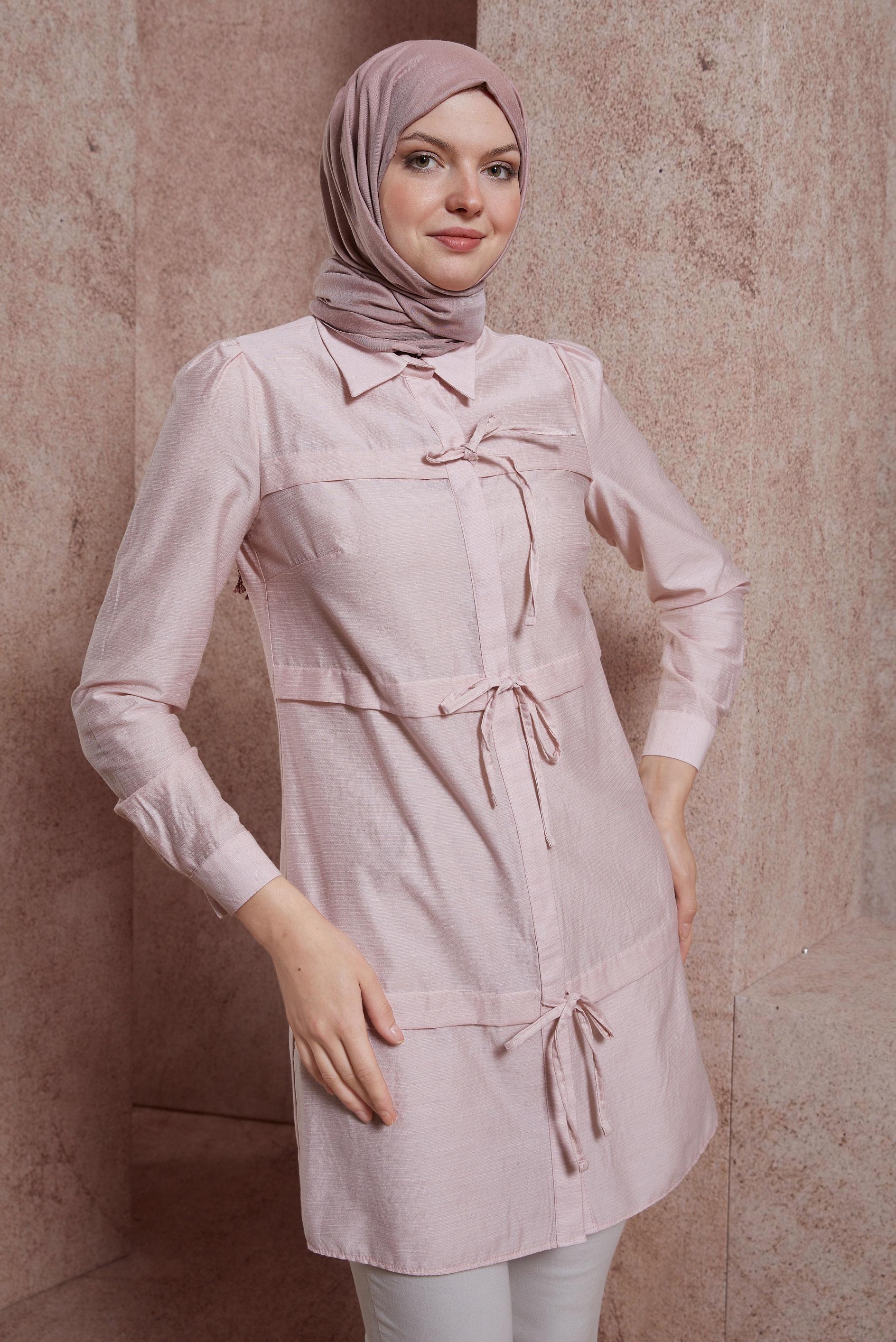 Tesettür giyim PUDRA BAĞCIK DETAYLI TUNİK 42861