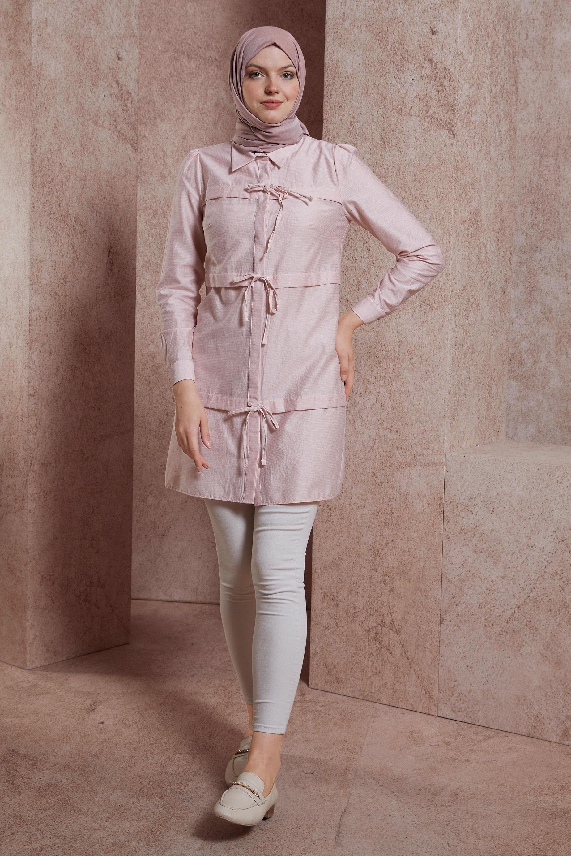 Tesettür giyim PUDRA BAĞCIK DETAYLI TUNİK 42861
