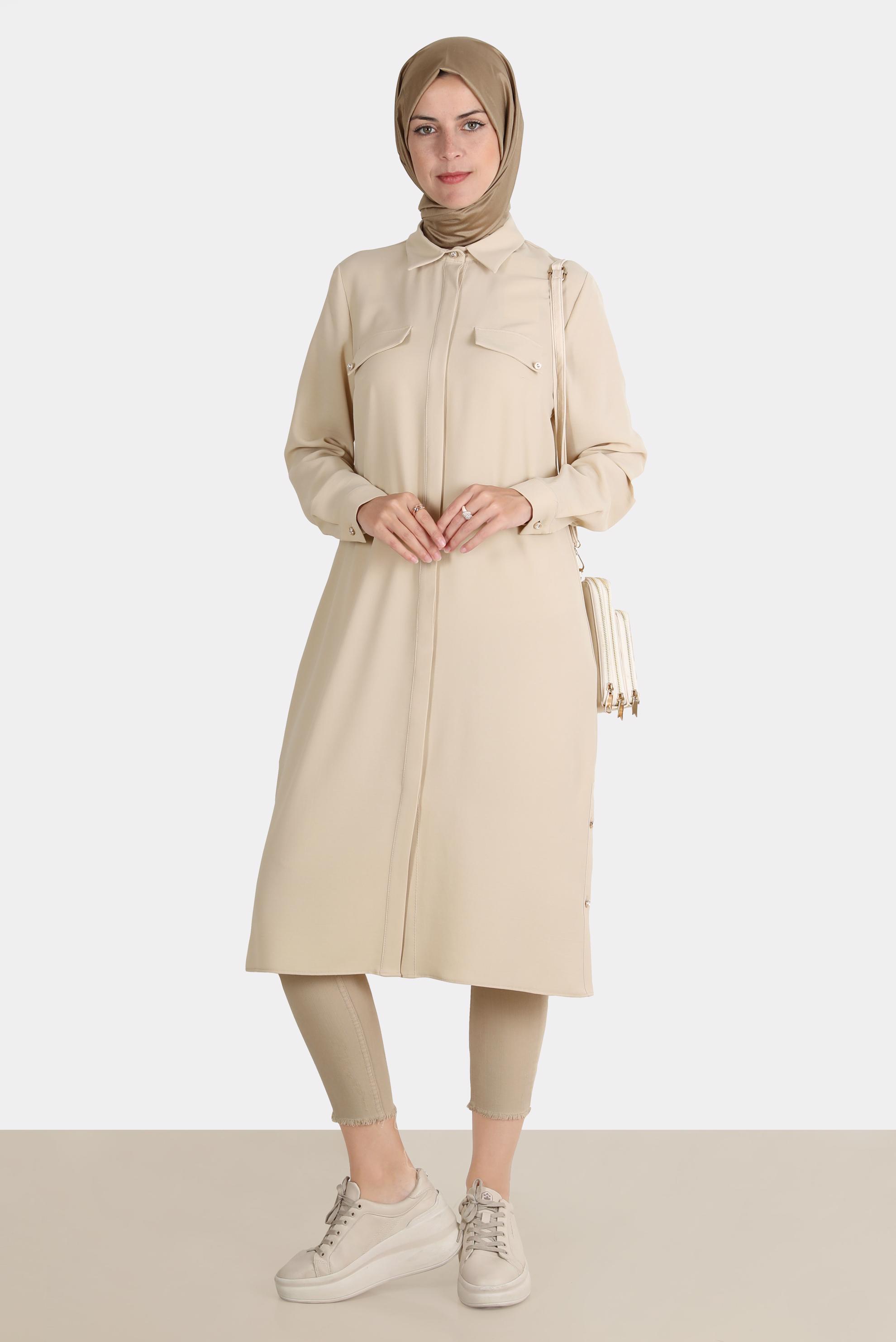 Tesettür giyim BEJ GİZLİ DÜĞMELİ TUNİK 42864 