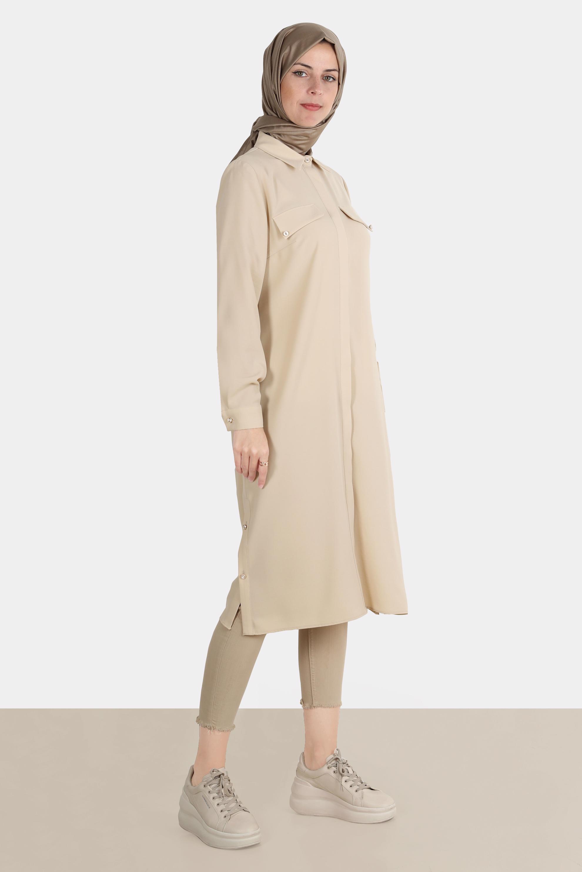 Tesettür giyim BEJ GİZLİ DÜĞMELİ TUNİK 42864 