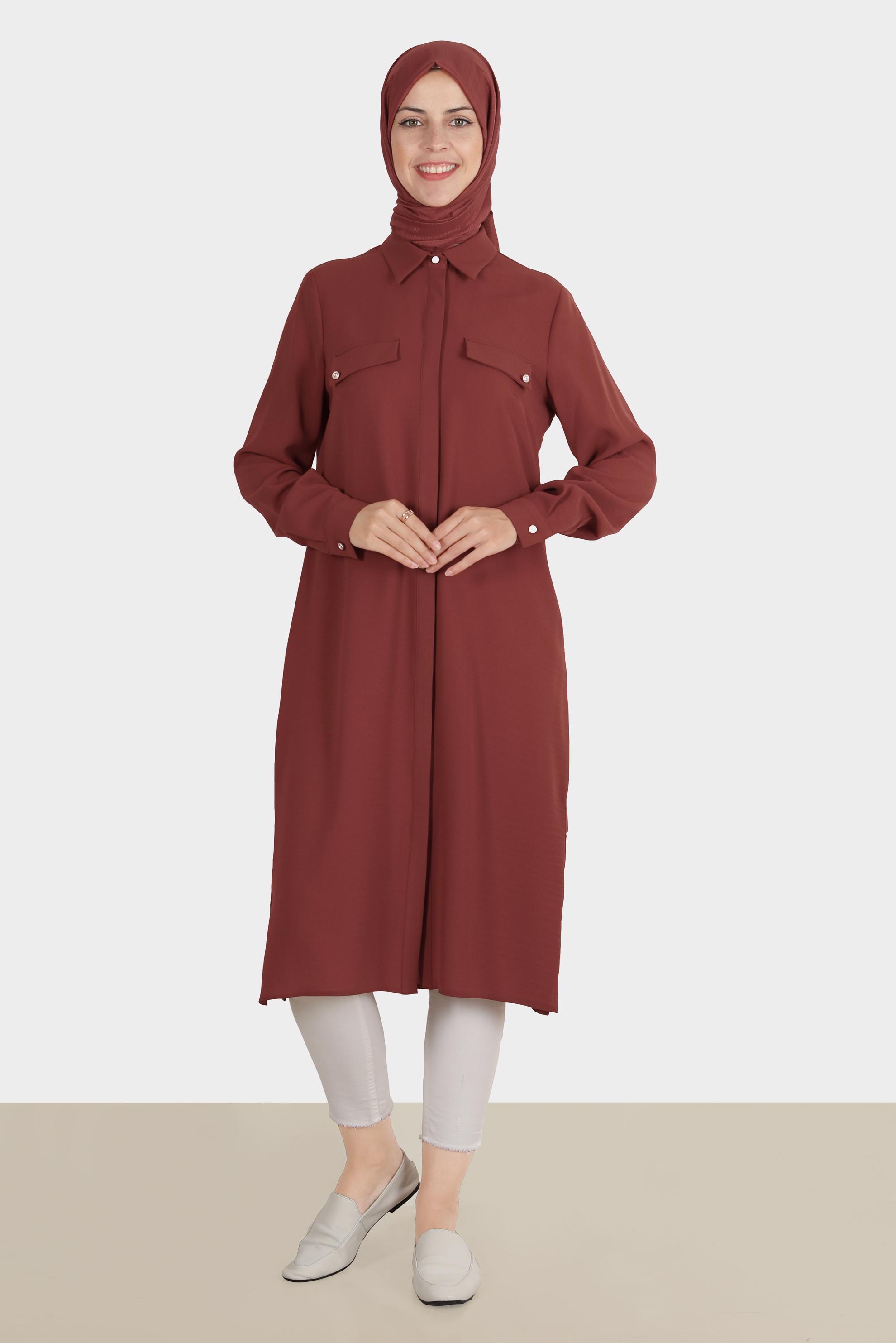 Tesettür giyim BORDO GİZLİ DÜĞMELİ TUNİK 42864 
