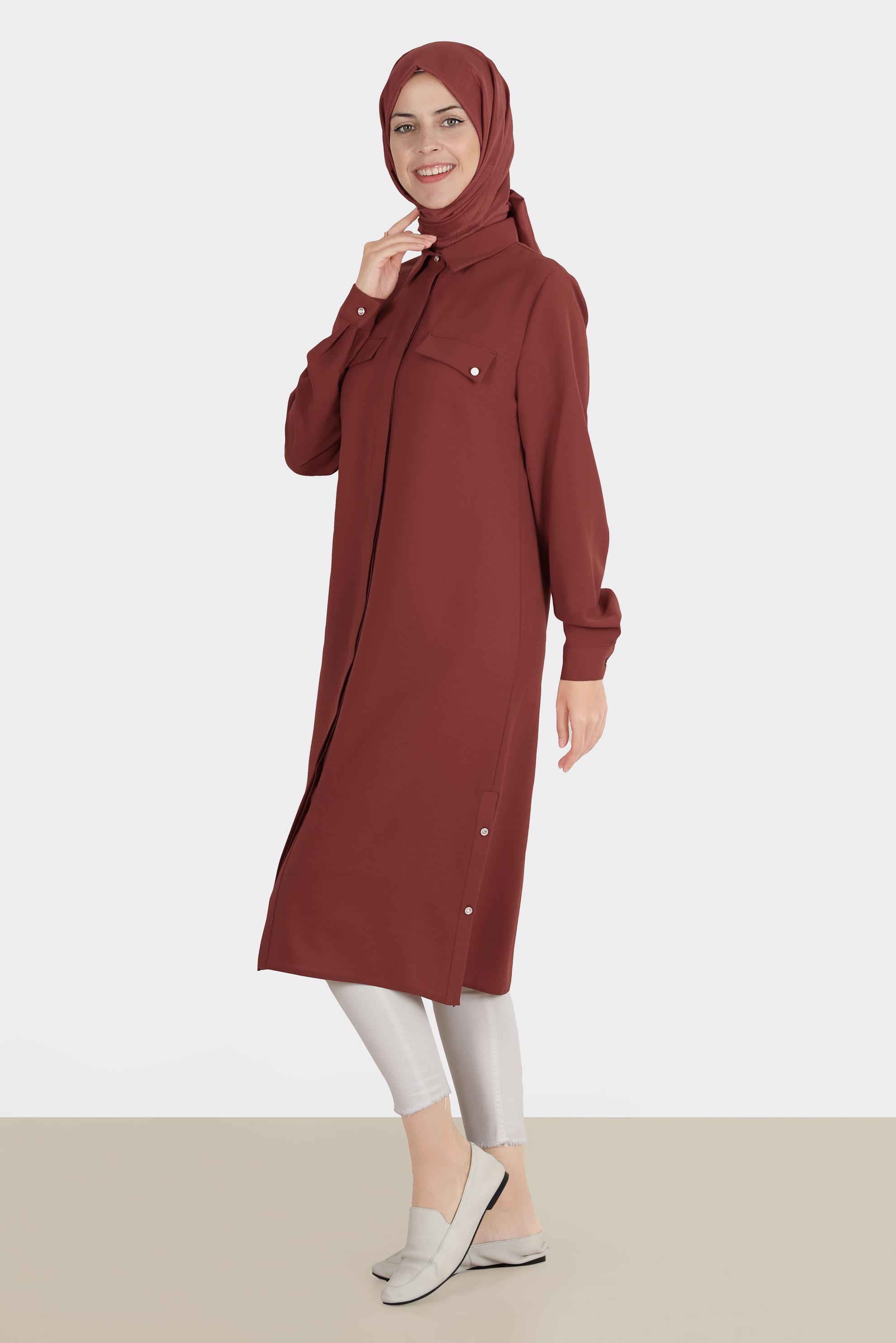 Tesettür giyim BORDO GİZLİ DÜĞMELİ TUNİK 42864 