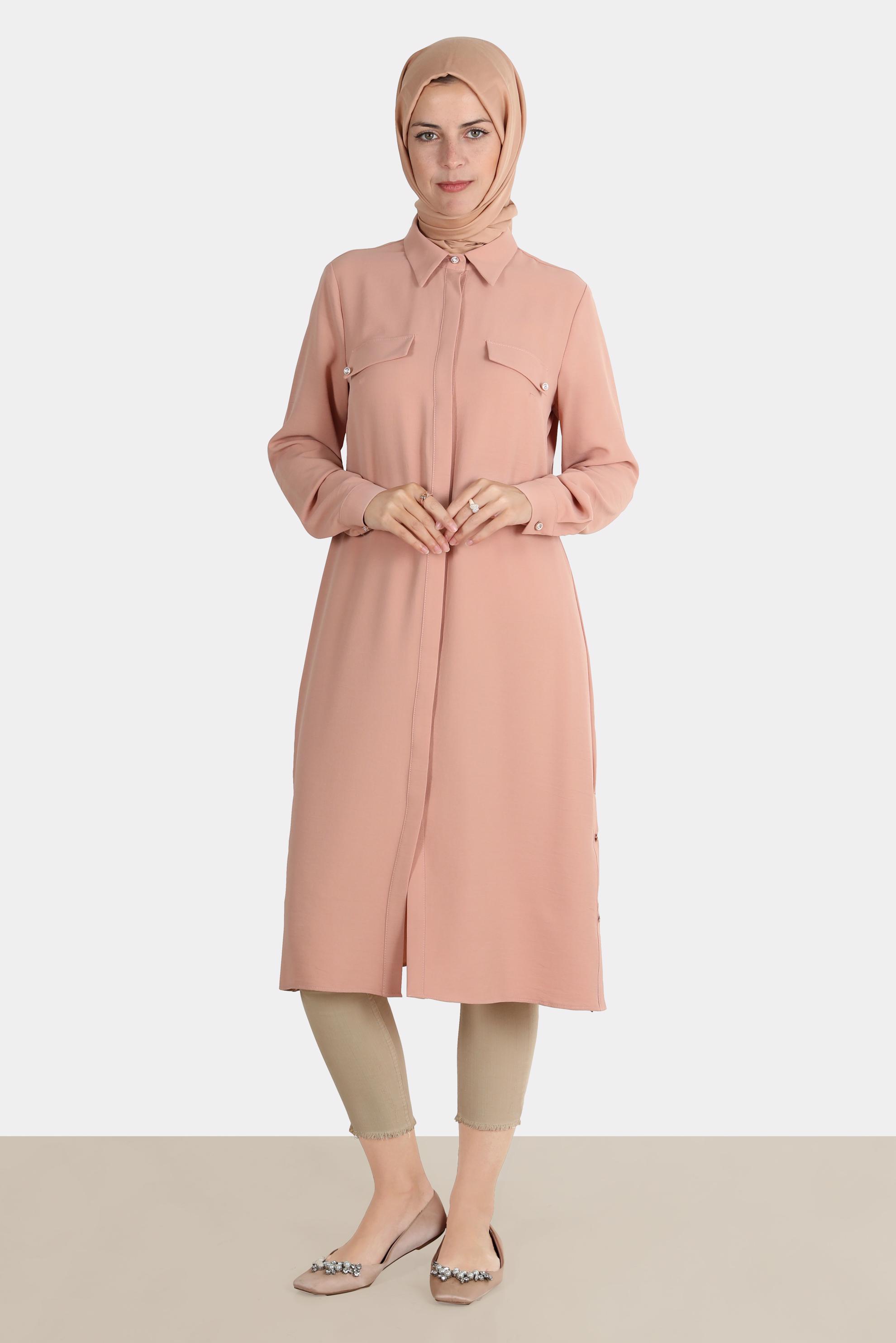 Tesettür giyim PUDRA GİZLİ DÜĞMELİ TUNİK 42864 