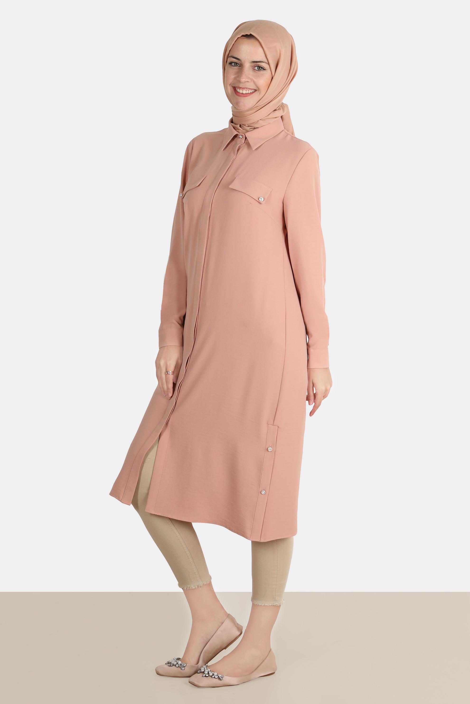 Tesettür giyim PUDRA GİZLİ DÜĞMELİ TUNİK 42864 