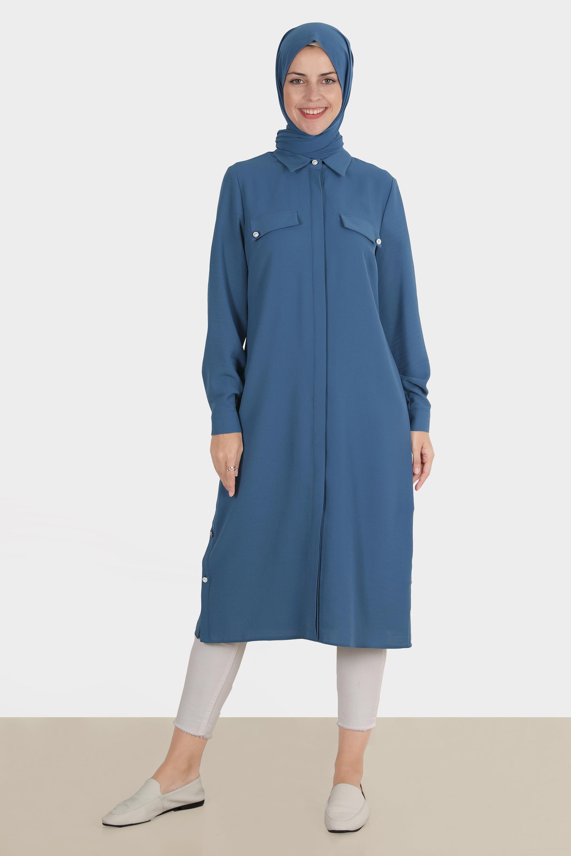 Tesettür giyim LACİVERT GİZLİ DÜĞMELİ TUNİK 42864 