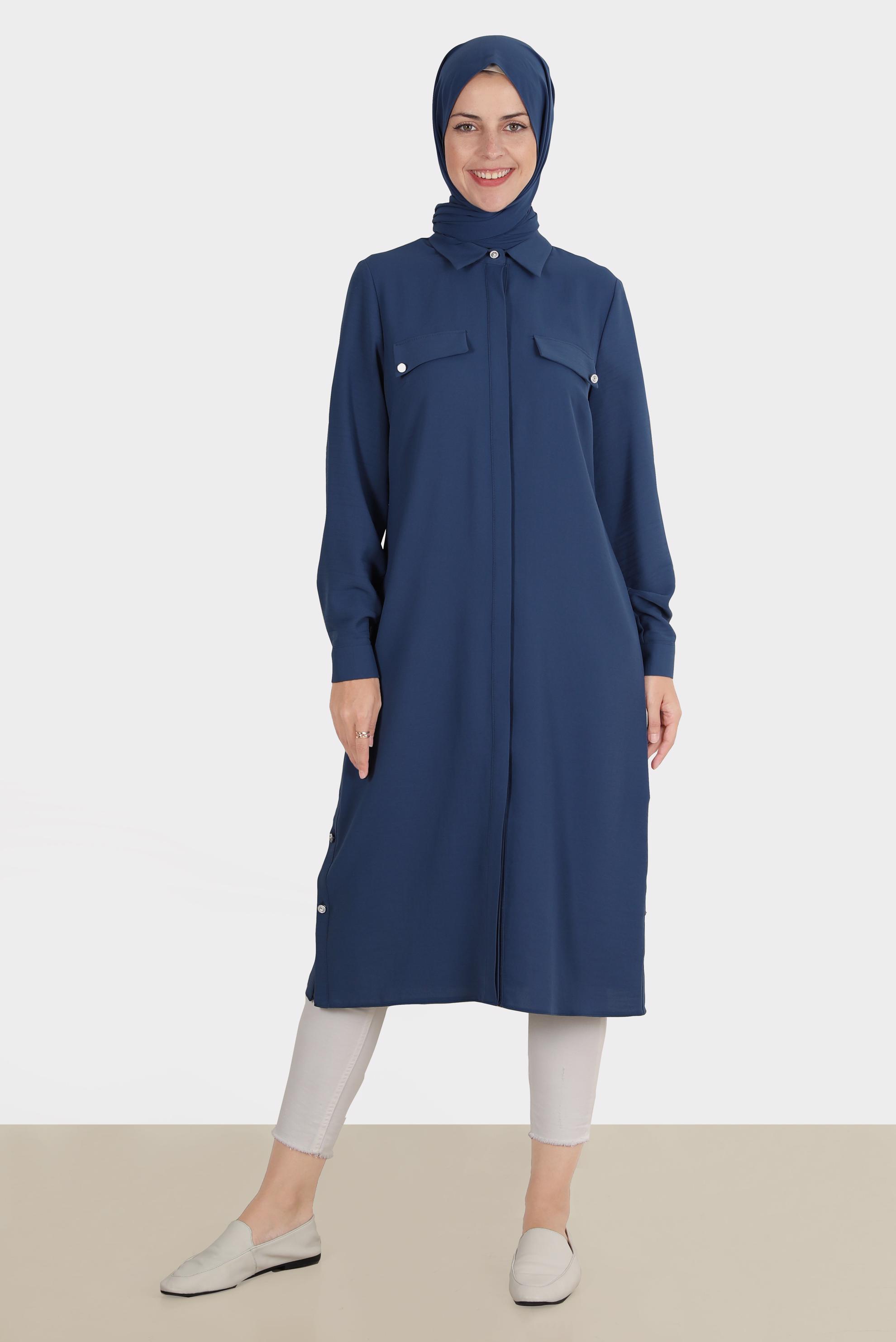 Tesettür giyim LACİVERT GİZLİ DÜĞMELİ TUNİK 42864 