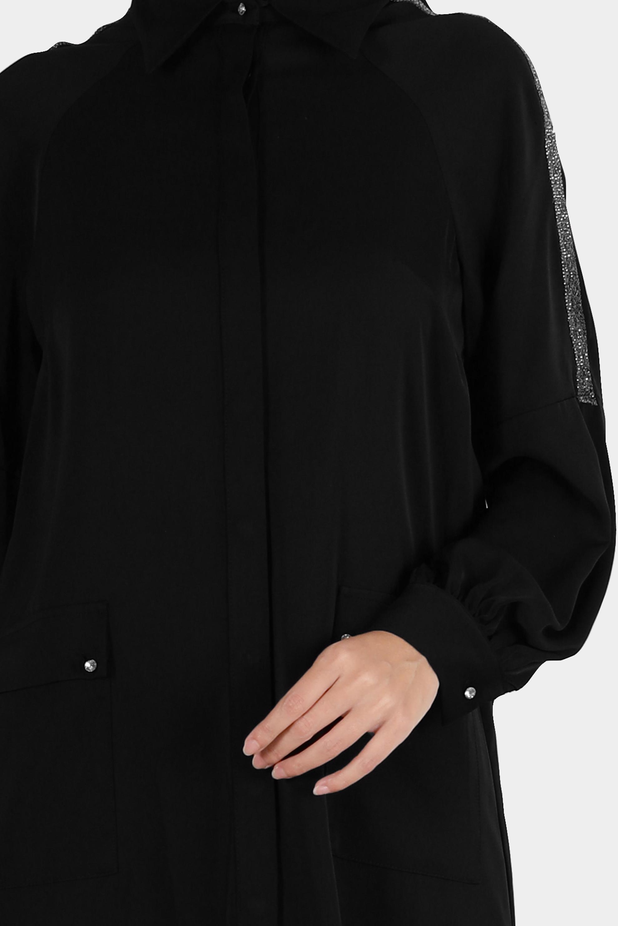 Tesettür giyim SİYAH BOYDAN GİZLİ DÜĞMELİ TAŞLI TUNİK 42866 