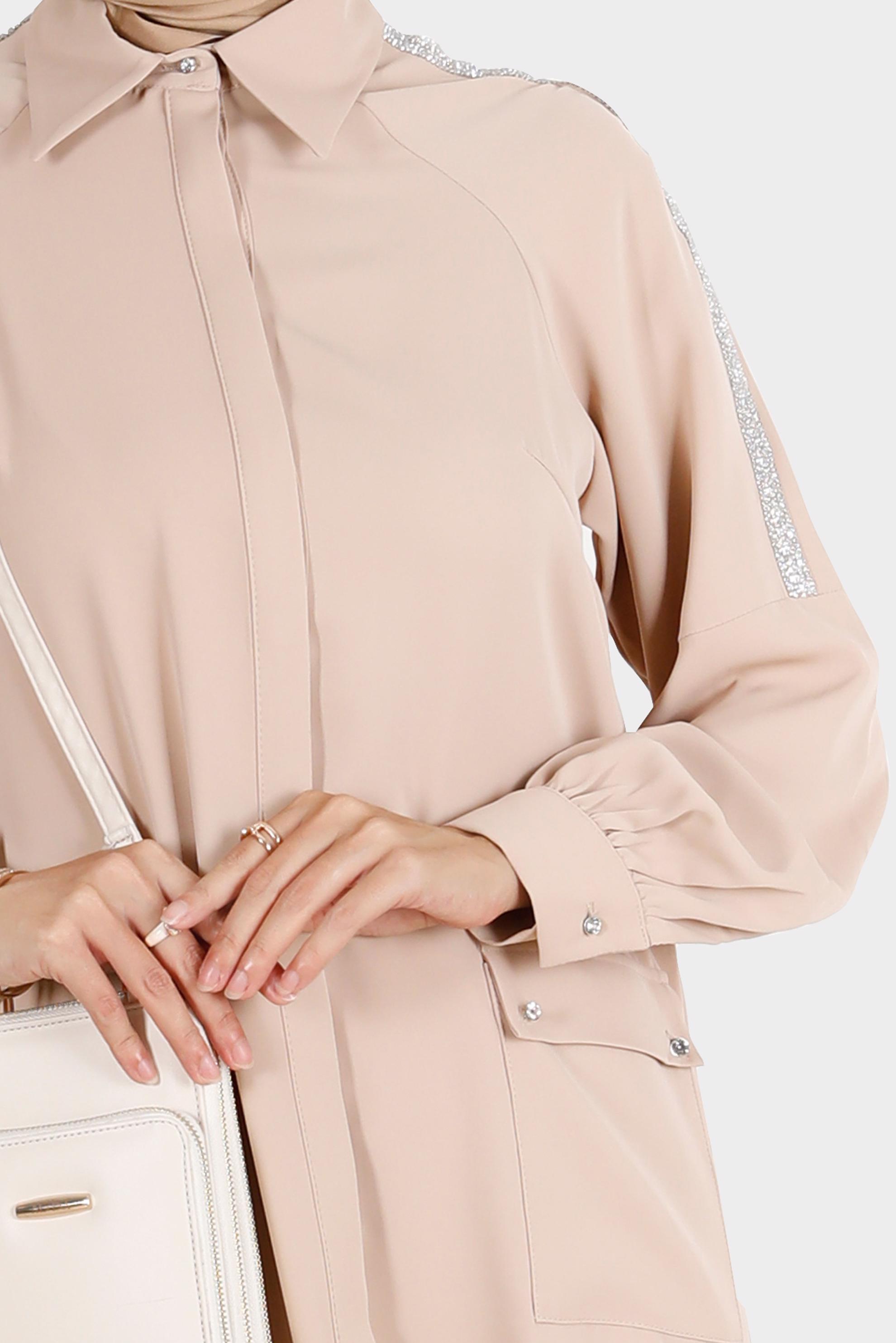 Tesettür giyim BEJ BOYDAN GİZLİ DÜĞMELİ TAŞLI TUNİK 42866 