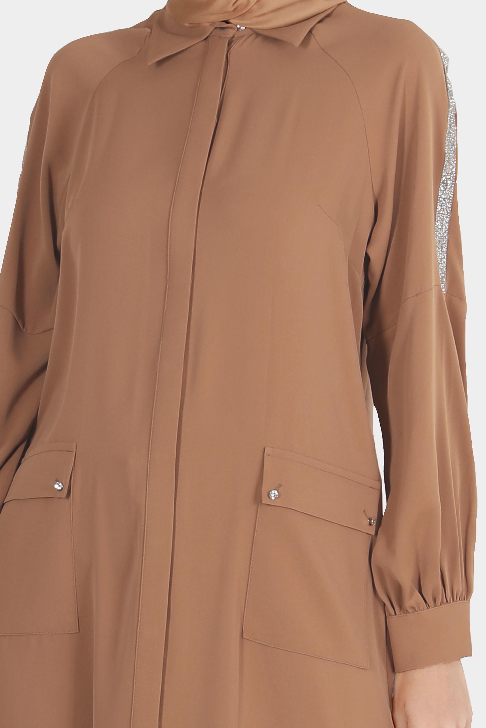 Tesettür giyim KAHVE BOYDAN GİZLİ DÜĞMELİ TAŞLI TUNİK 42866 