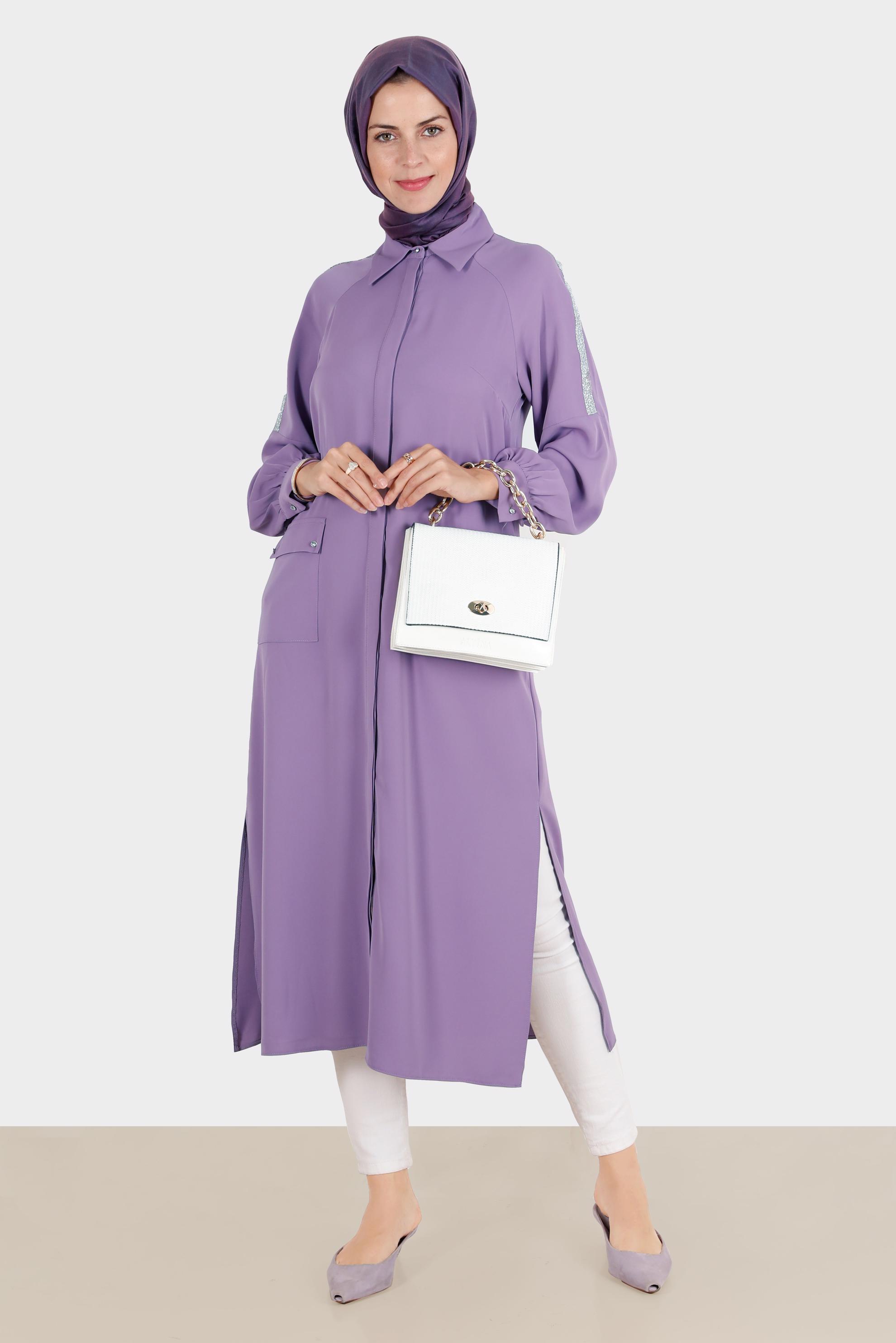 Tesettür giyim MOR BOYDAN GİZLİ DÜĞMELİ TAŞLI TUNİK 42866 