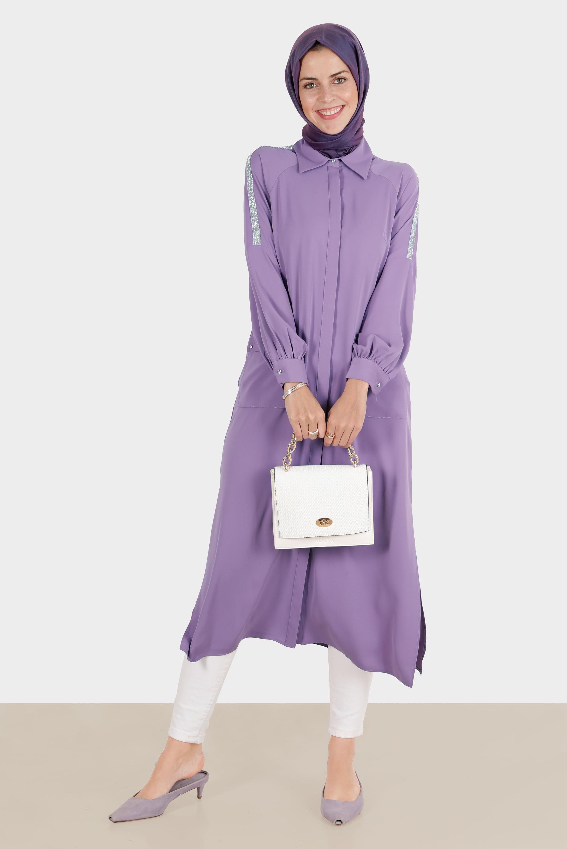 Tesettür giyim MOR BOYDAN GİZLİ DÜĞMELİ TAŞLI TUNİK 42866 