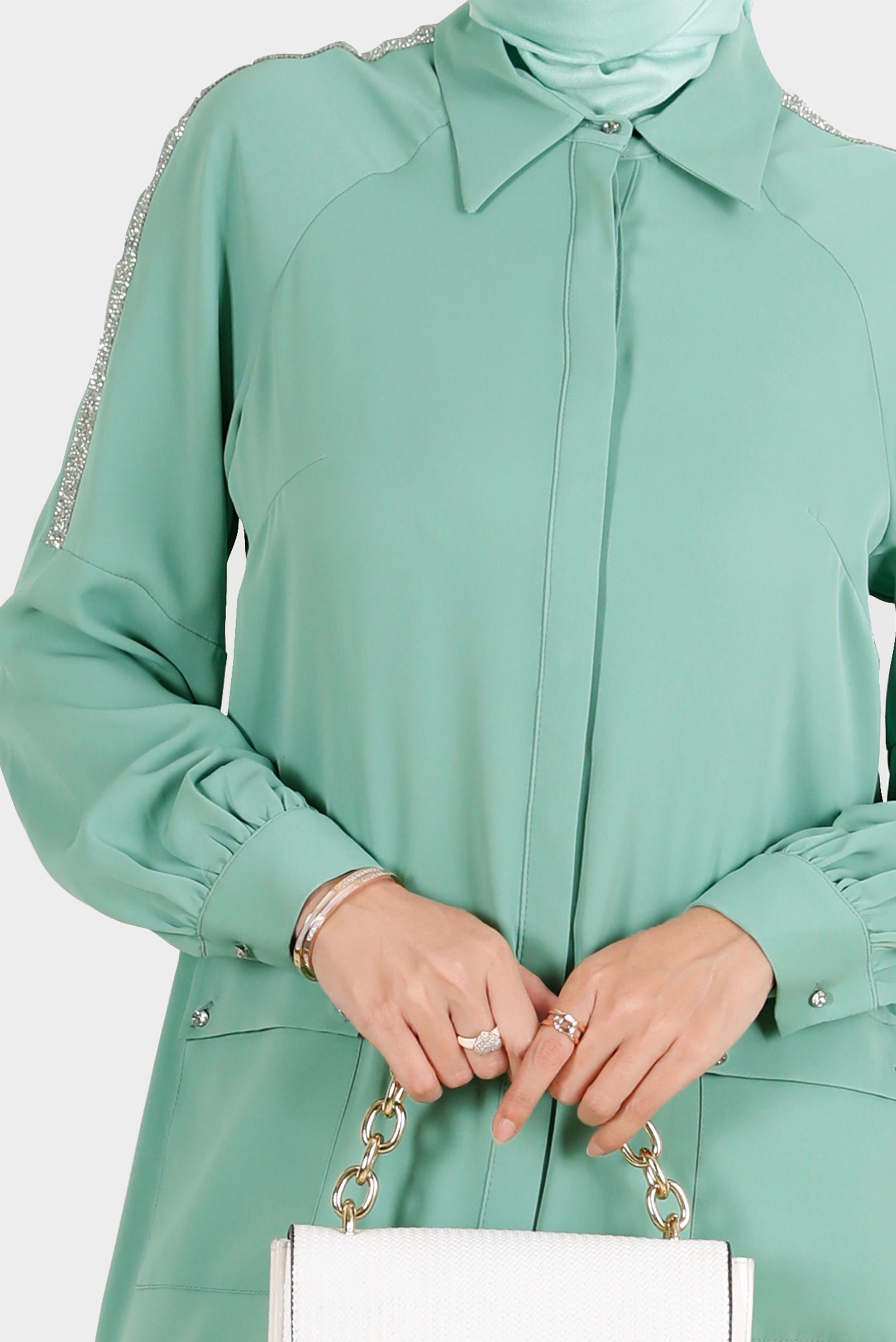 Tesettür giyim YEŞİL BOYDAN GİZLİ DÜĞMELİ TAŞLI TUNİK 42866 