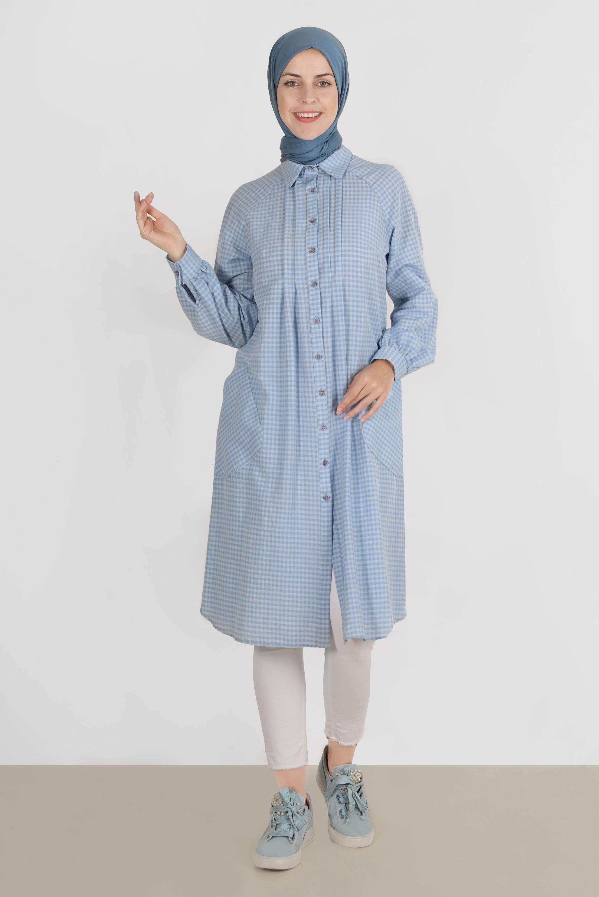 Tesettür giyim MAVİ PÖTİKARE DESEN BOYDAN DÜĞMELİ TUNİK 42871 