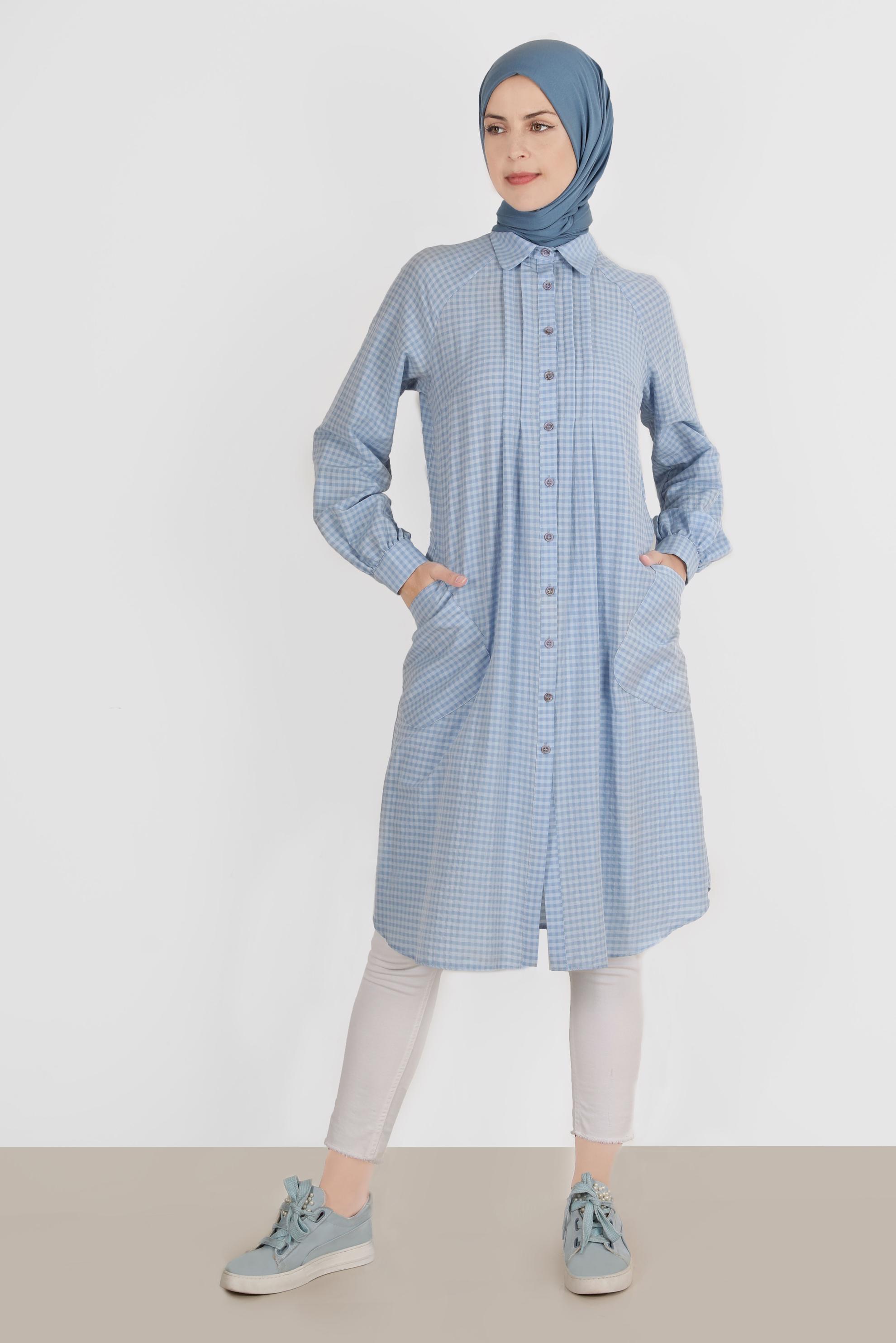 Tesettür giyim MAVİ PÖTİKARE DESEN BOYDAN DÜĞMELİ TUNİK 42871 