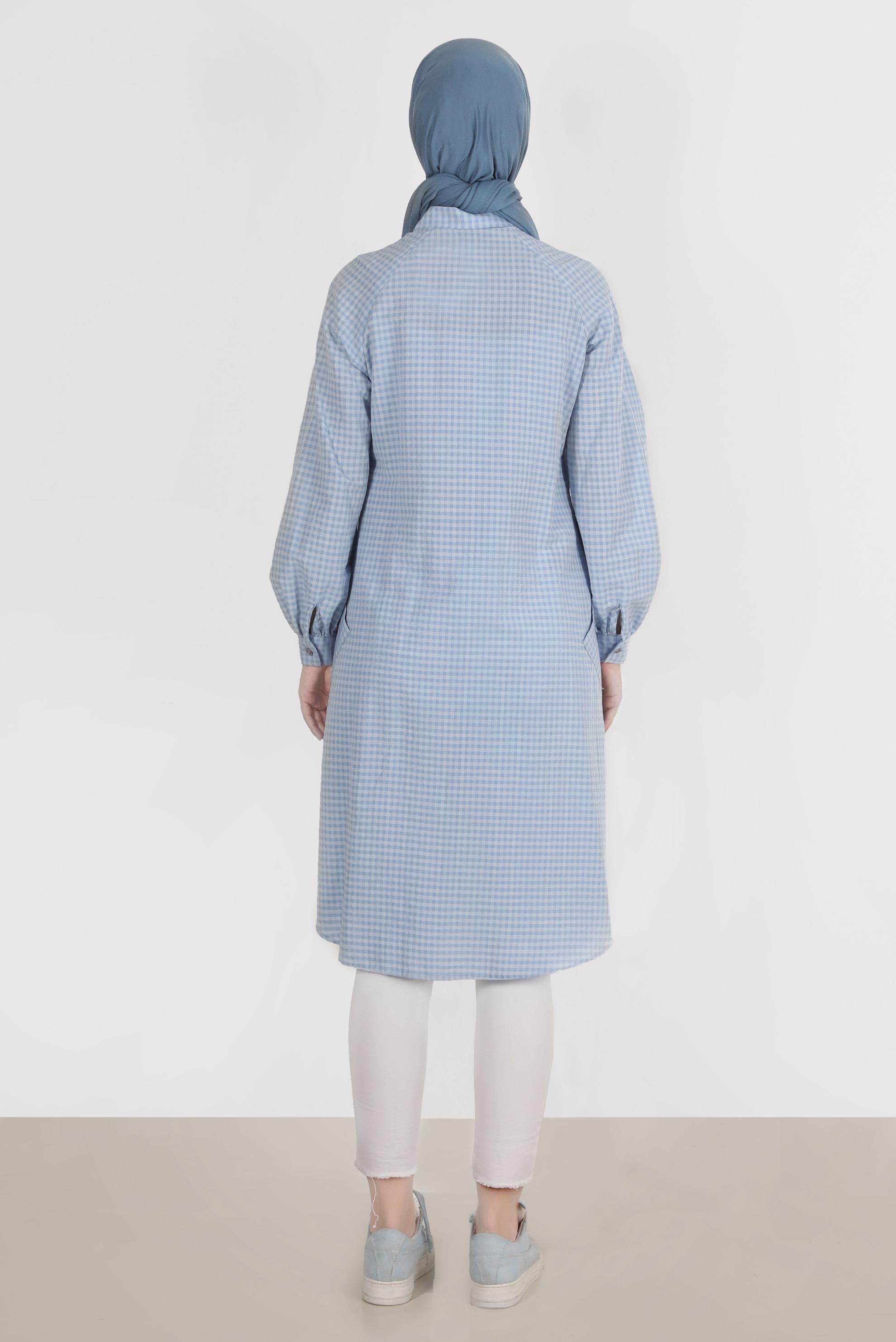 Tesettür giyim MAVİ PÖTİKARE DESEN BOYDAN DÜĞMELİ TUNİK 42871 