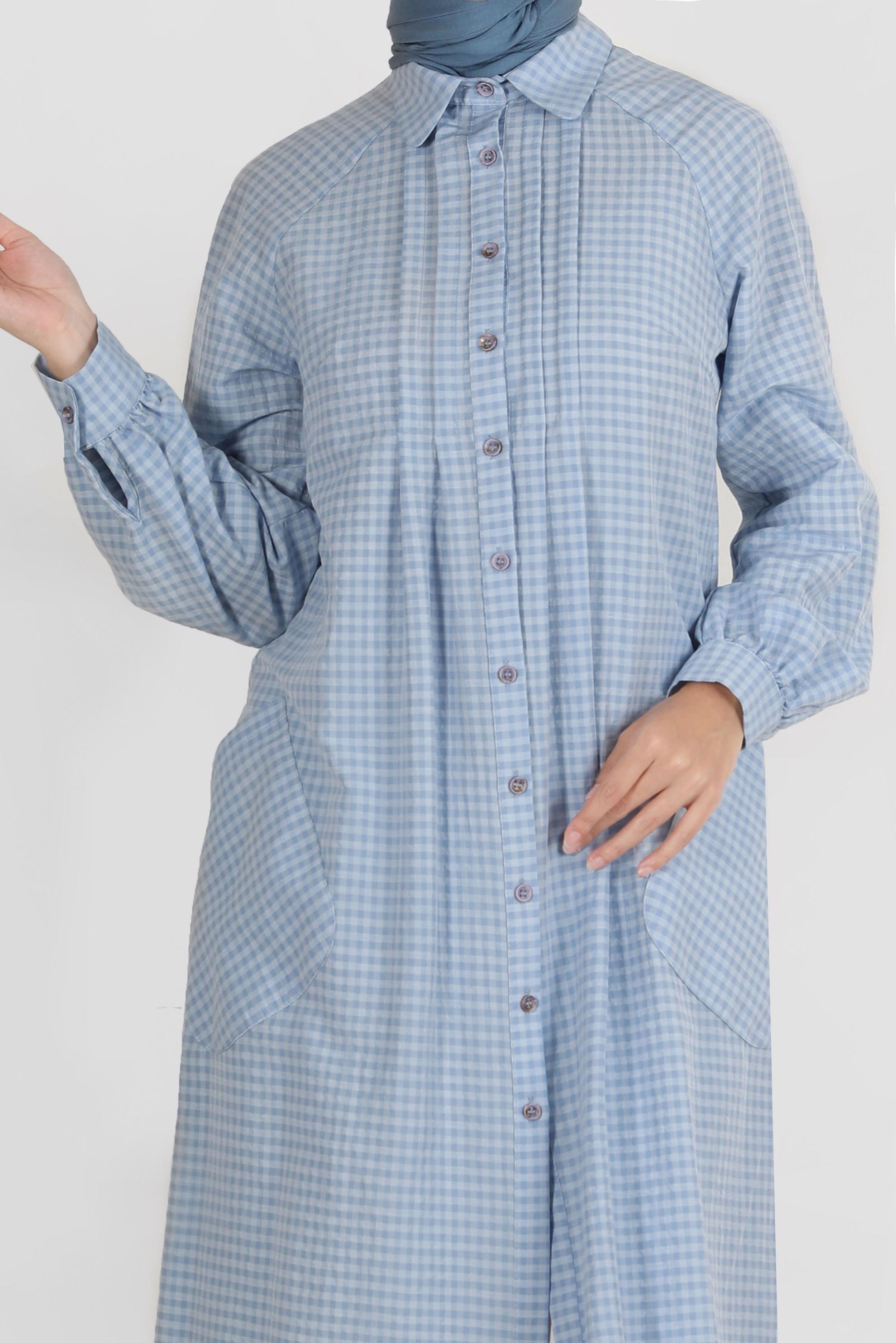 Tesettür giyim MAVİ PÖTİKARE DESEN BOYDAN DÜĞMELİ TUNİK 42871 